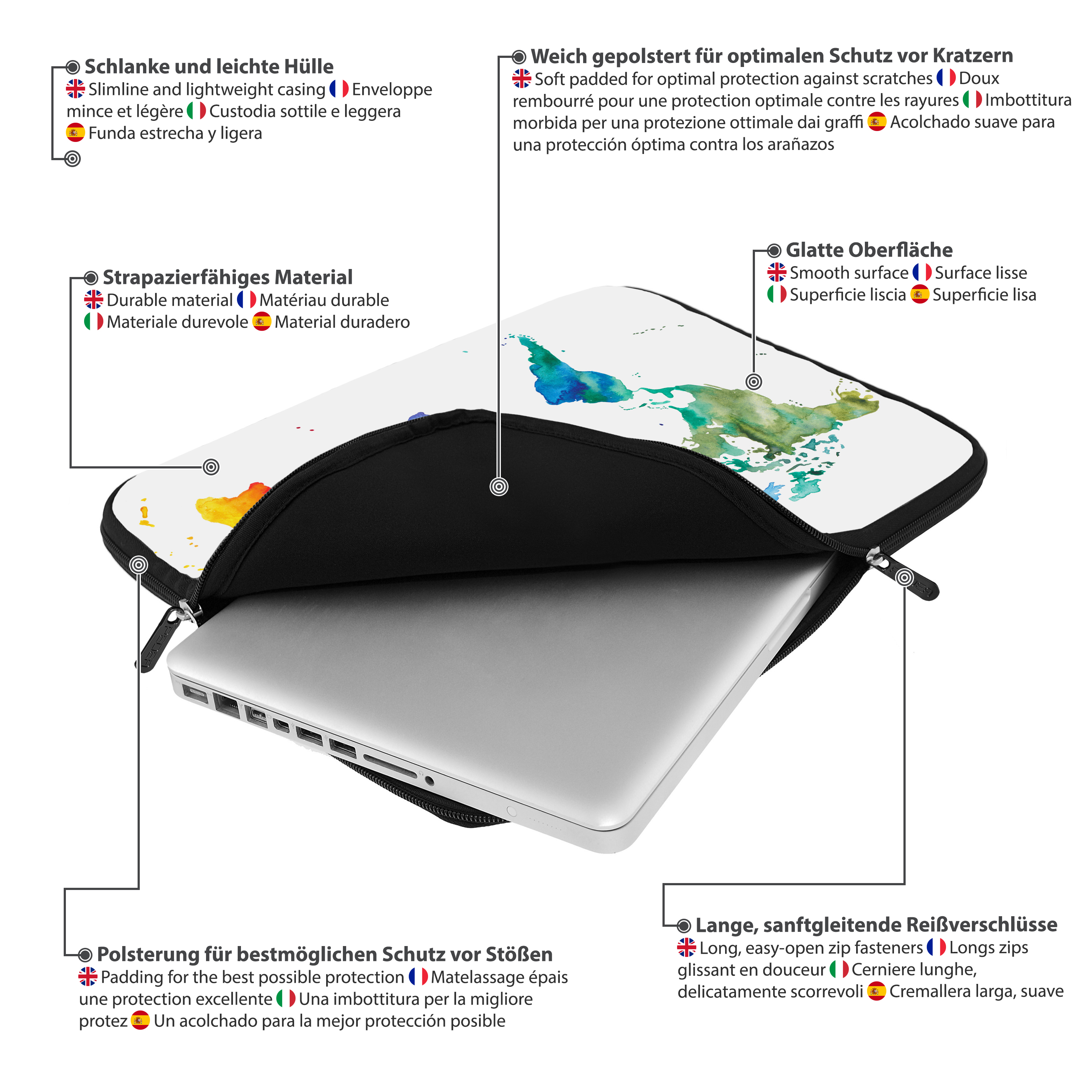 Eine Laptop-Tasche mit Laptop darin. Die Tasche ist mehrfarbig.