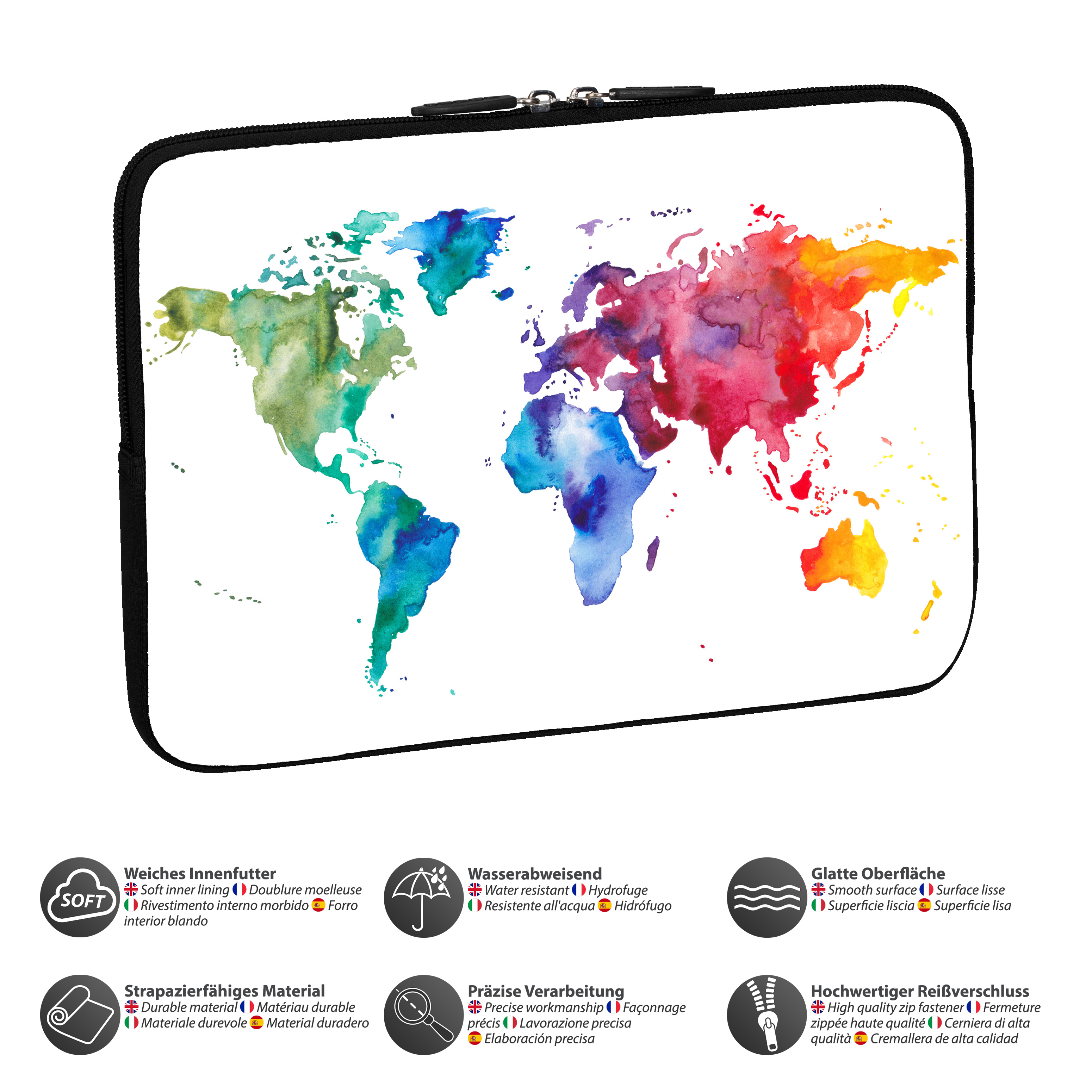 Eine Laptoptasche mit einer Weltkarte im Aquarellstil. Die Tasche hat Text und Symbole, die Merkmale beschreiben.