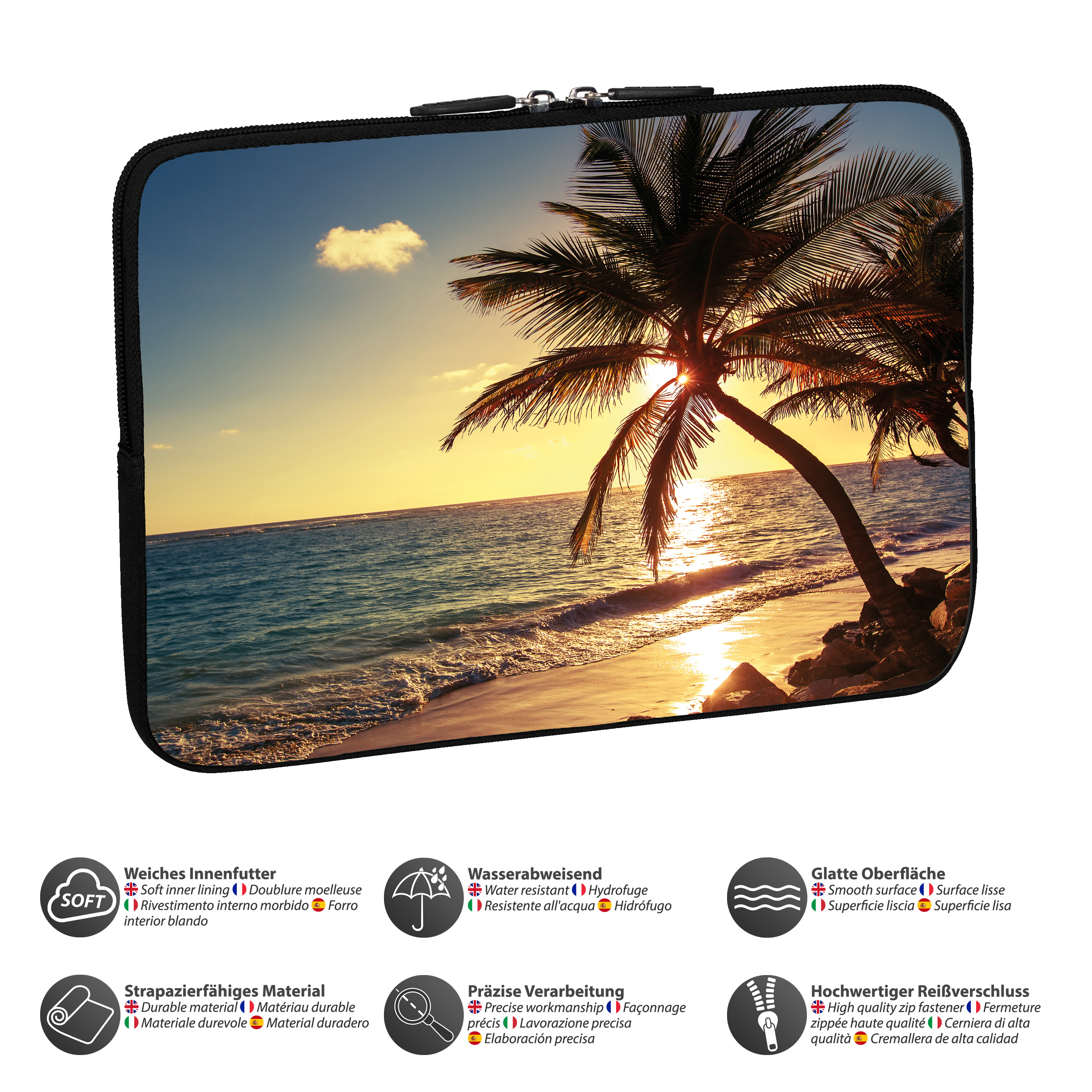 Laptoptasche mit Strand-Sonnenuntergang-Design, Palme und Wasser.