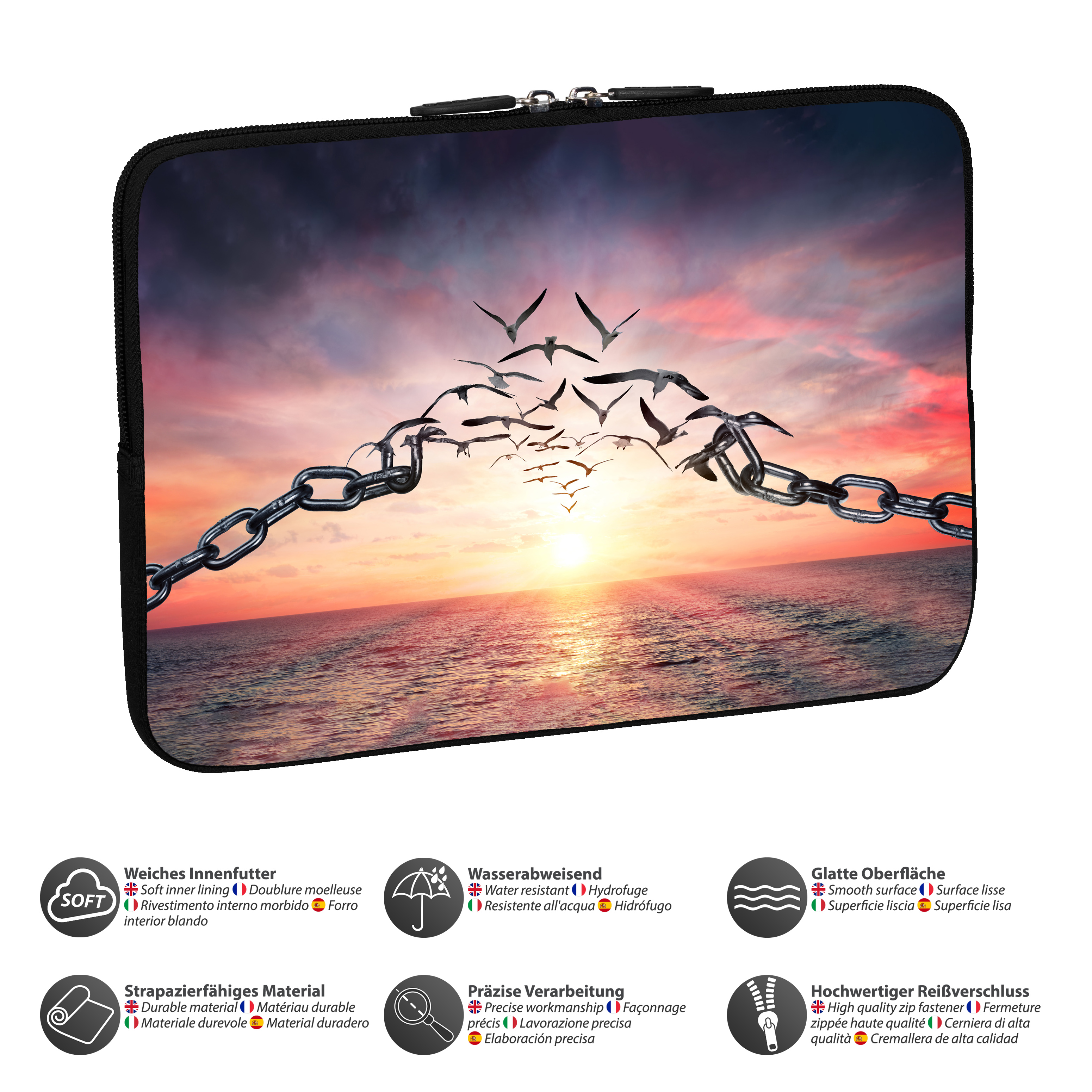 Laptophülle mit Sonnenuntergangsszene. Möwen fliegen über dem Meer. Die Hülle ist schwarz.