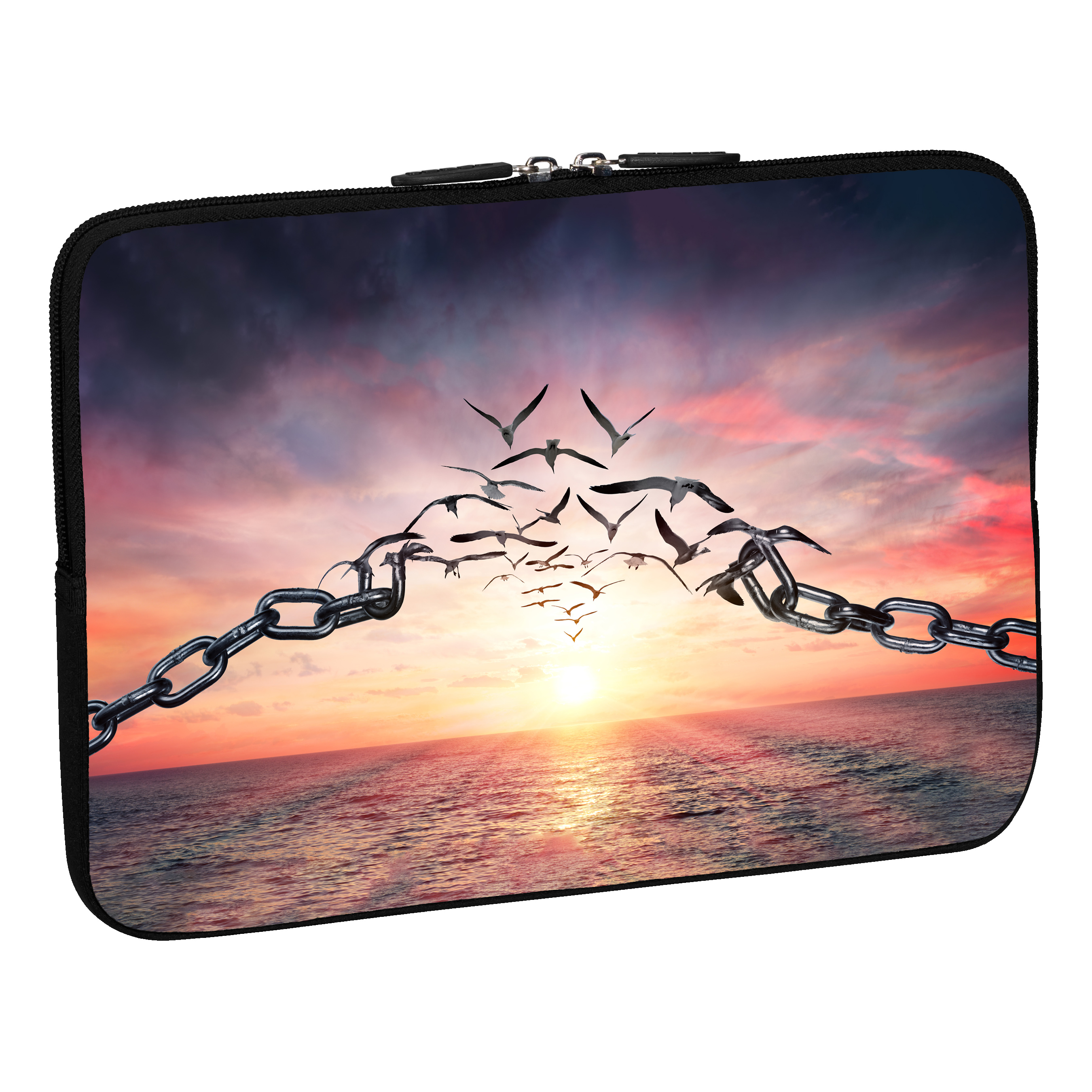 Laptoptasche mit Sonnenuntergangsszene und darüber fliegenden Vögeln, an einem Meer gefesselt, weißer Hintergrund.