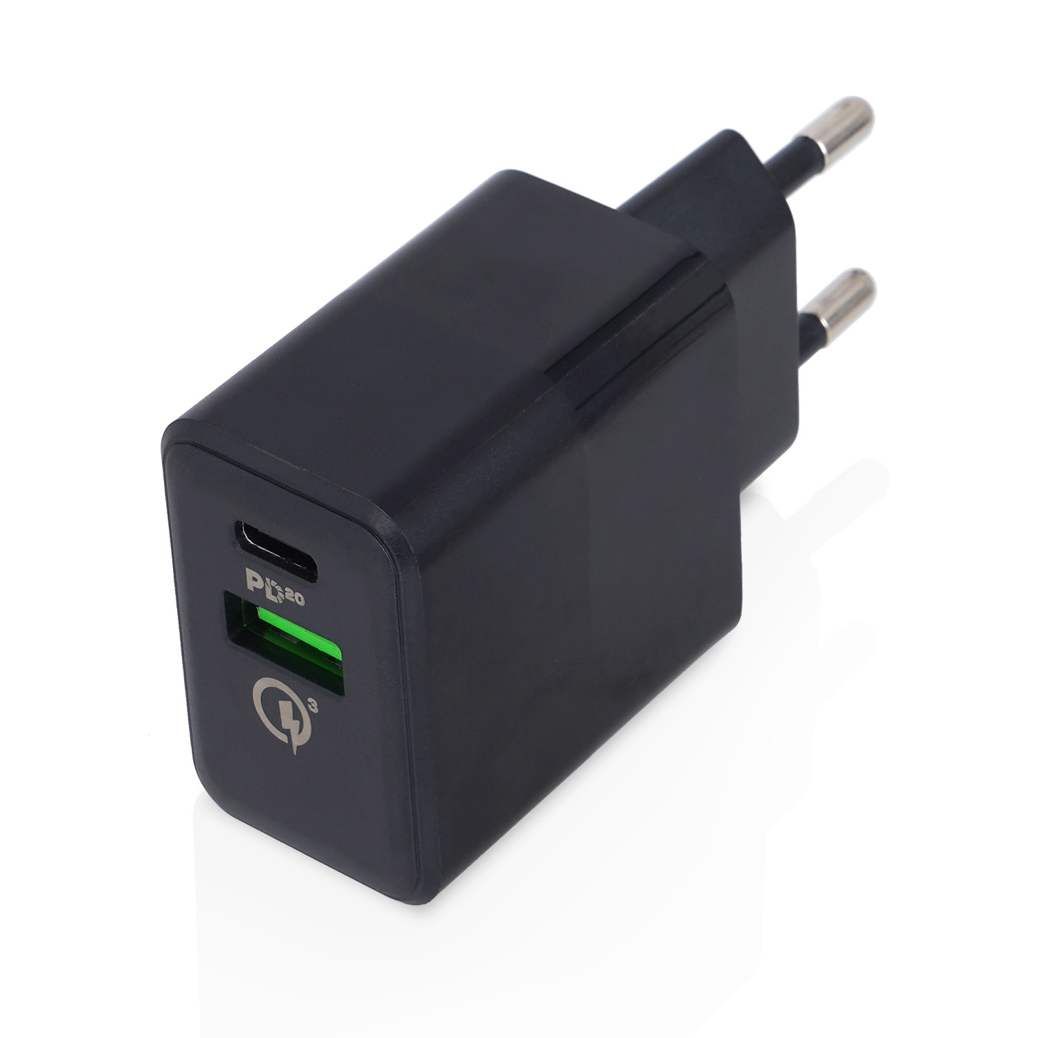 Schwarzer Netzadapter mit USB-C-Anschluss und grünem Licht.