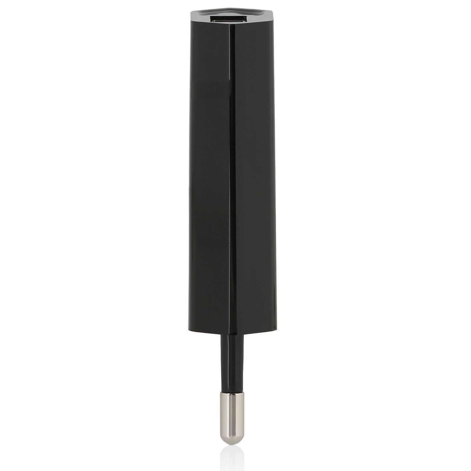 Schwarzer Adapter mit silberner Spitze. Er hat eine rechteckige Form.