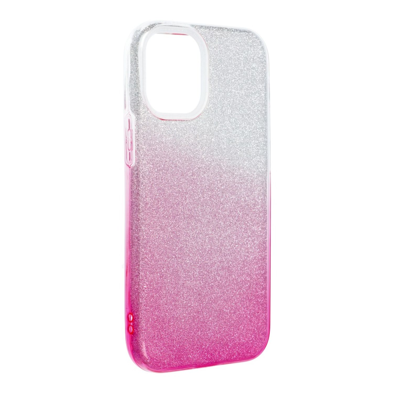 Eine pinkfarbene Glitzer-Handyhülle mit silbernem Oberteil und weißem Hintergrund.