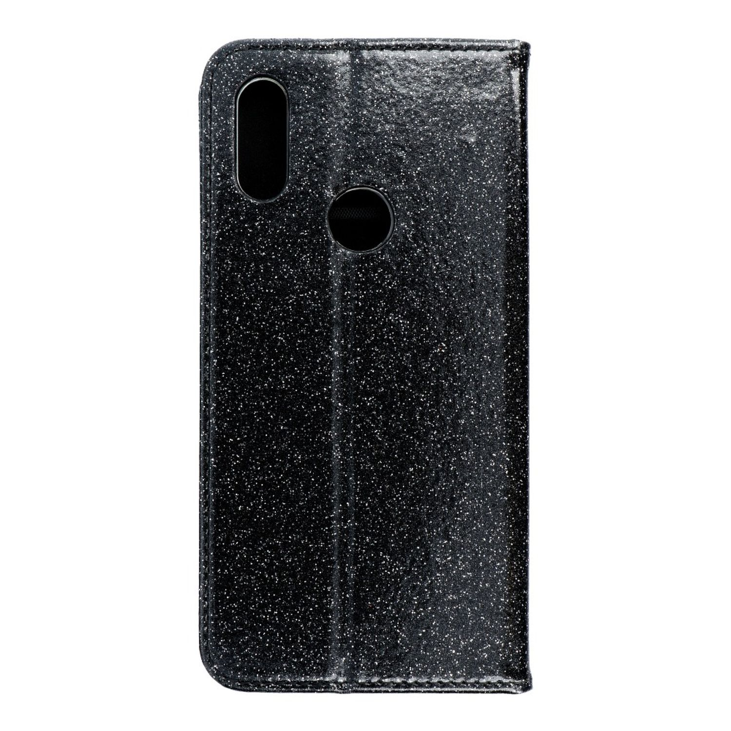Schwarze Handyhülle mit schimmernder, glitzernder Oberfläche. Kameraausschnitt oben.