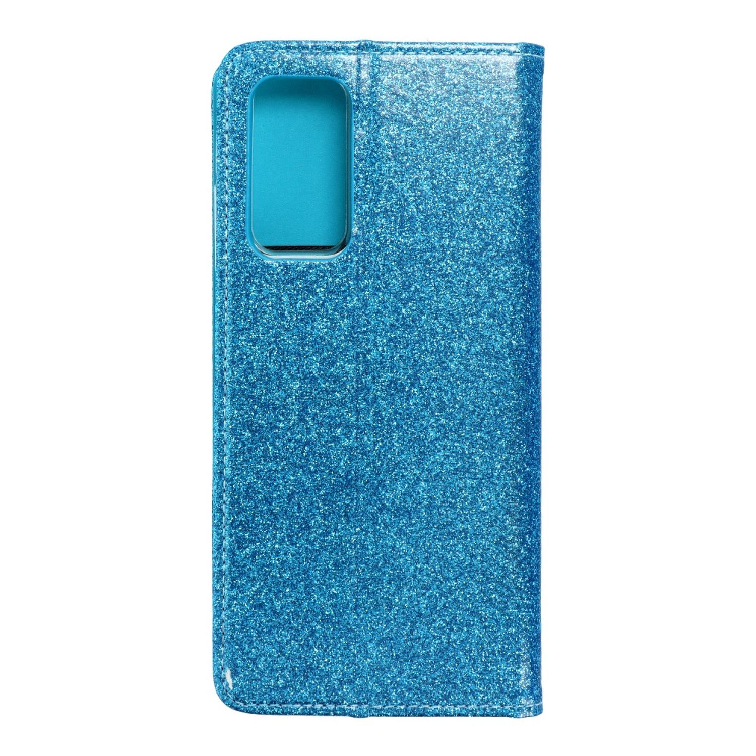 Blaue Glitzer-Handyhülle mit Kameraausschnitt. Die Hülle ist geschlossen und hat eine glänzende Oberfläche.