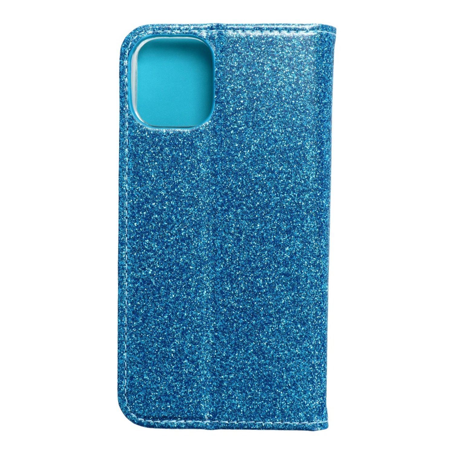 Blaue Glitzer-Handyhülle. Die Hülle hat einen Ausschnitt für Kamera und Tasten.