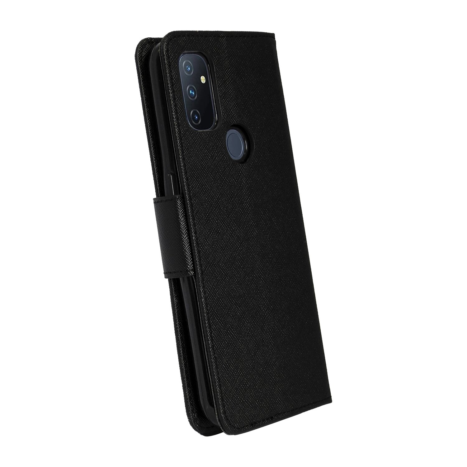 Schwarze Handyhülle, offen, mit Handy darin. Die Hülle hat eine schwarze Lederstruktur.
