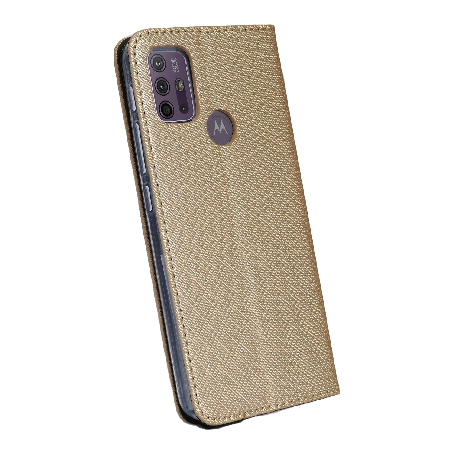 Goldene Handyhülle mit Kameraausschnitt und Motorola-Logo, auf weißem Hintergrund.