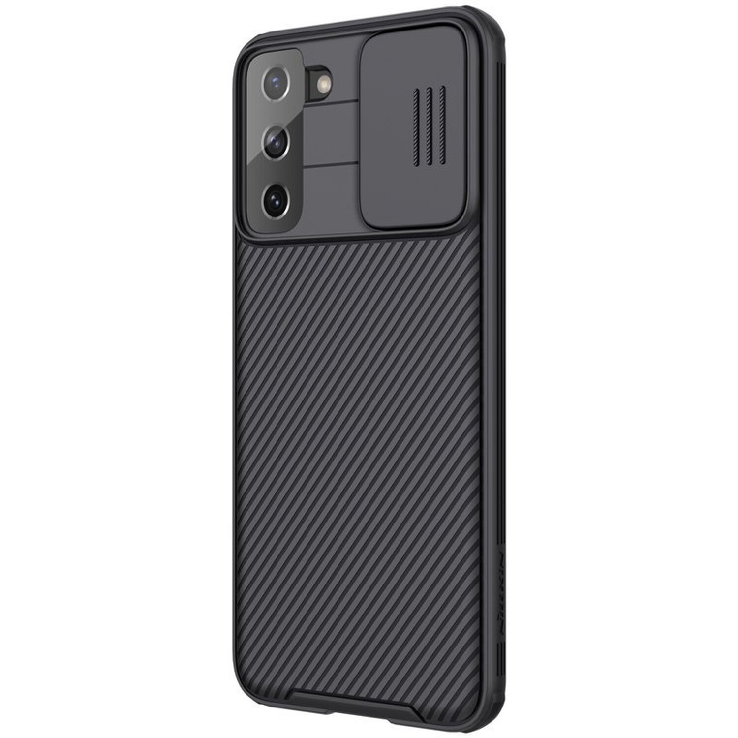 Schwarze Handyhülle mit Kameraausschnitt und strukturiertem Design.