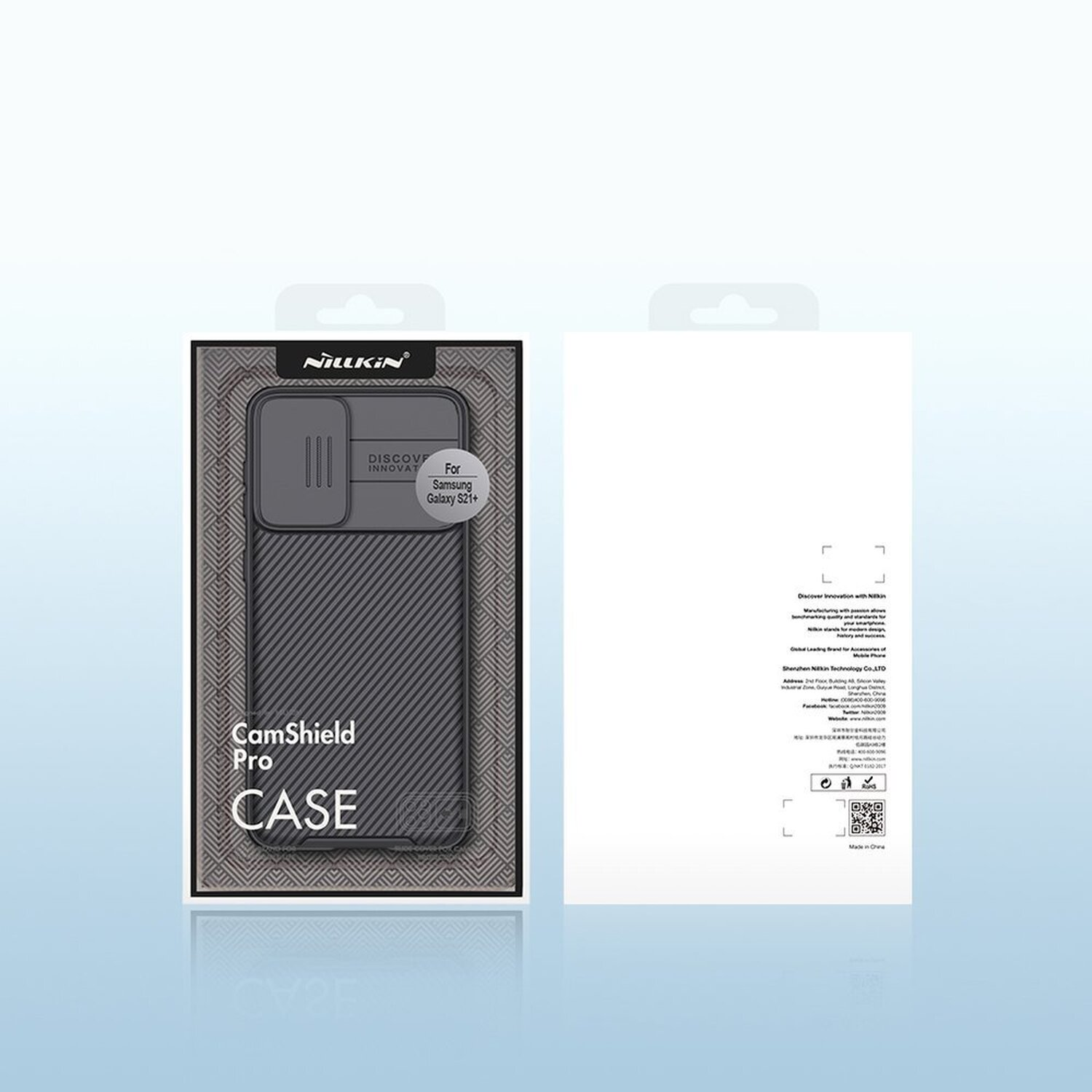 Handyhülle in Box. Schwarze Hülle mit Kameraabdeckung für Samsung Galaxy. Die Box ist weiß und schwarz.
