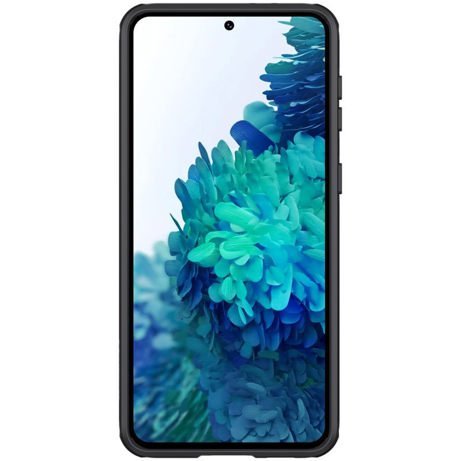 Ein schwarzes Telefon mit einem Bildschirm, der ein blaues und grünes abstraktes Blumendesign zeigt.