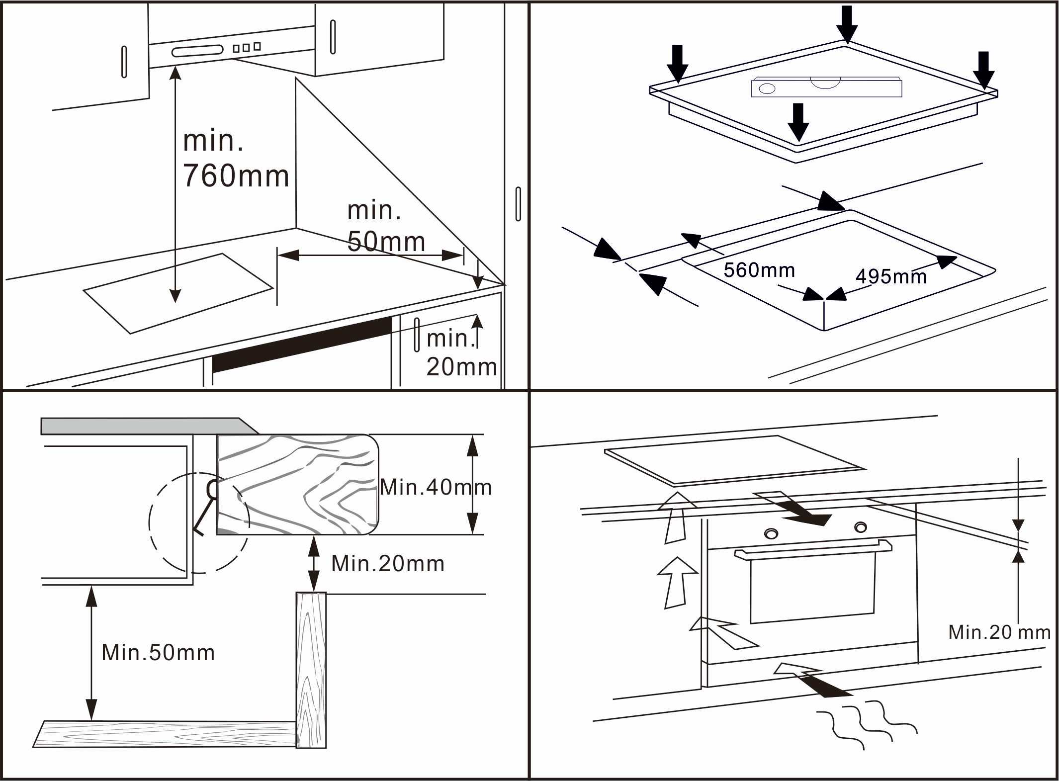 Installationsdiagramme für Kochfeld und Ofen.