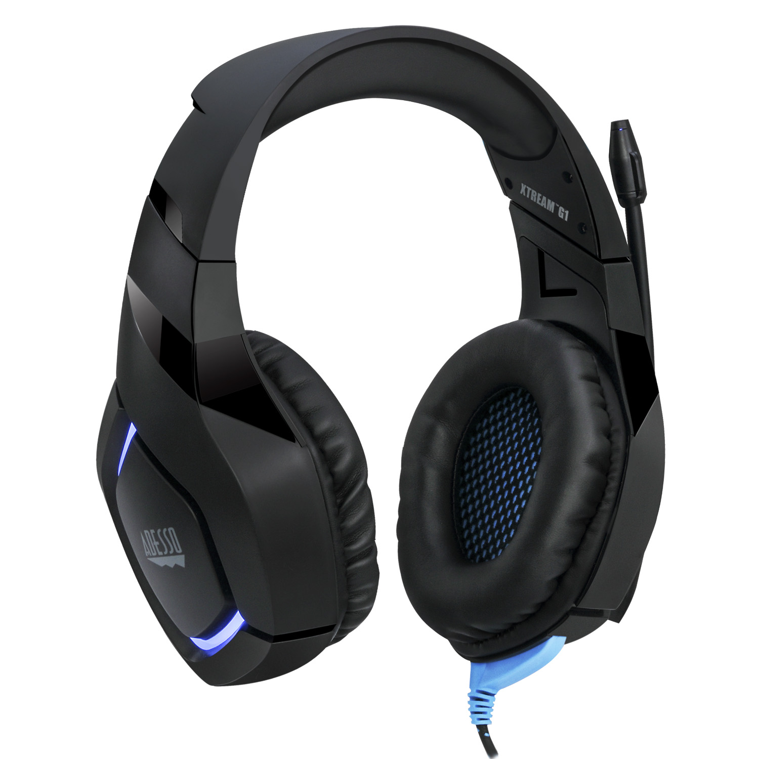 Schwarzes Gaming-Headset mit Mikrofon und blauen Akzenten.