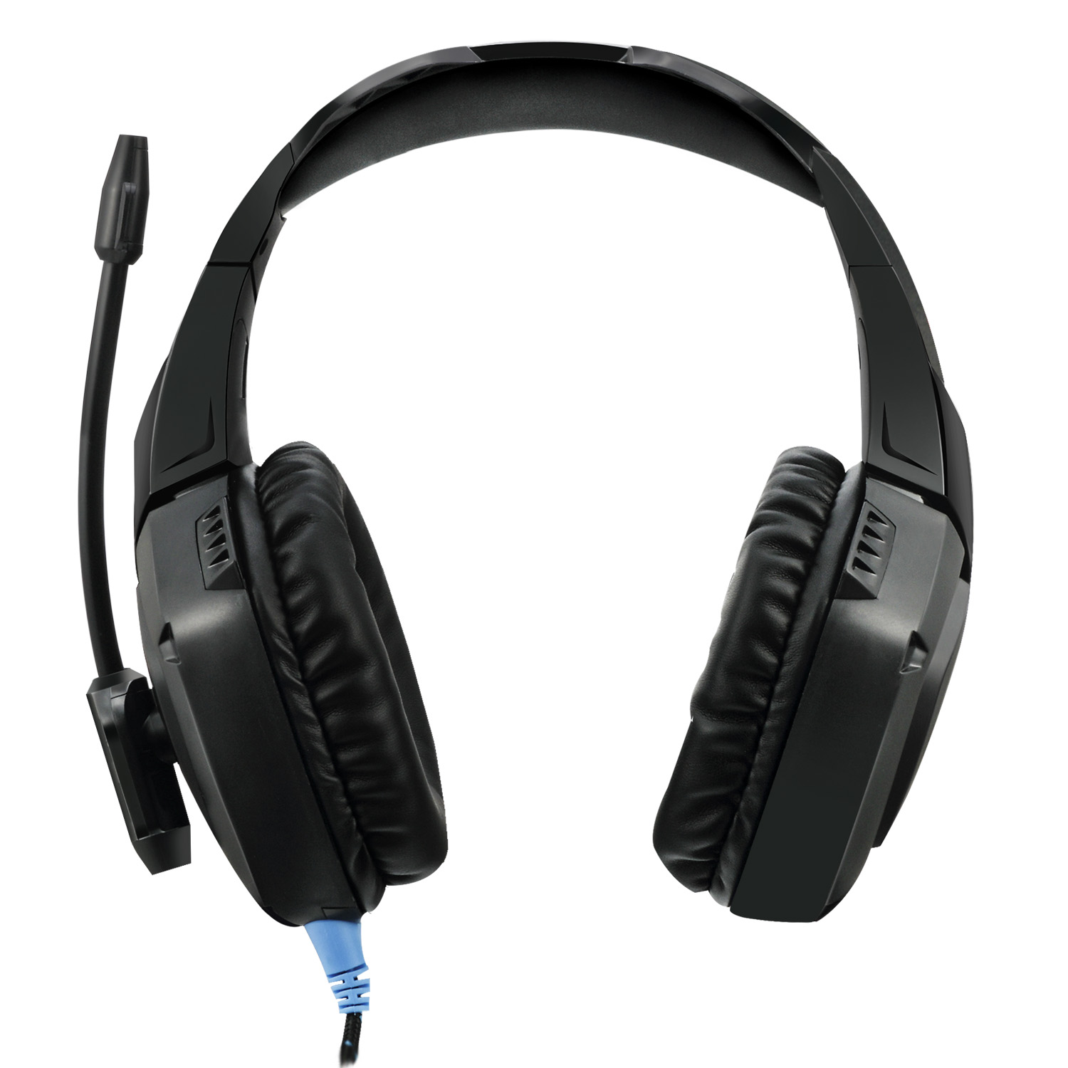 Schwarzes Gaming-Headset mit blauem Kabel und Mikrofon.