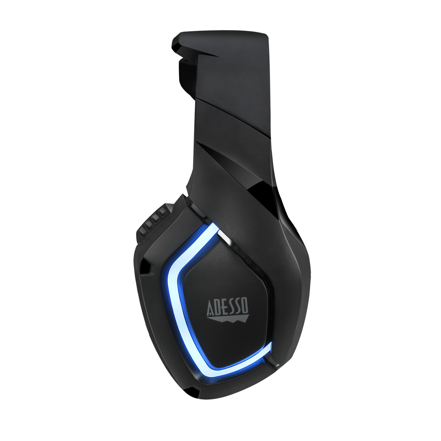 Schwarzes Headset mit blauen Lichtern. Der Markenname ADESSO ist sichtbar.