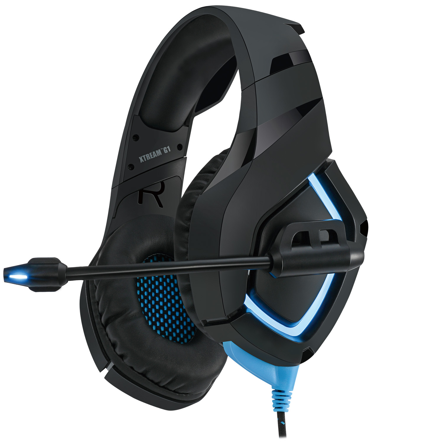 Schwarzes Gaming-Headset mit blauen Akzenten und Mikrofon. Das Logo befindet sich an der Seite.