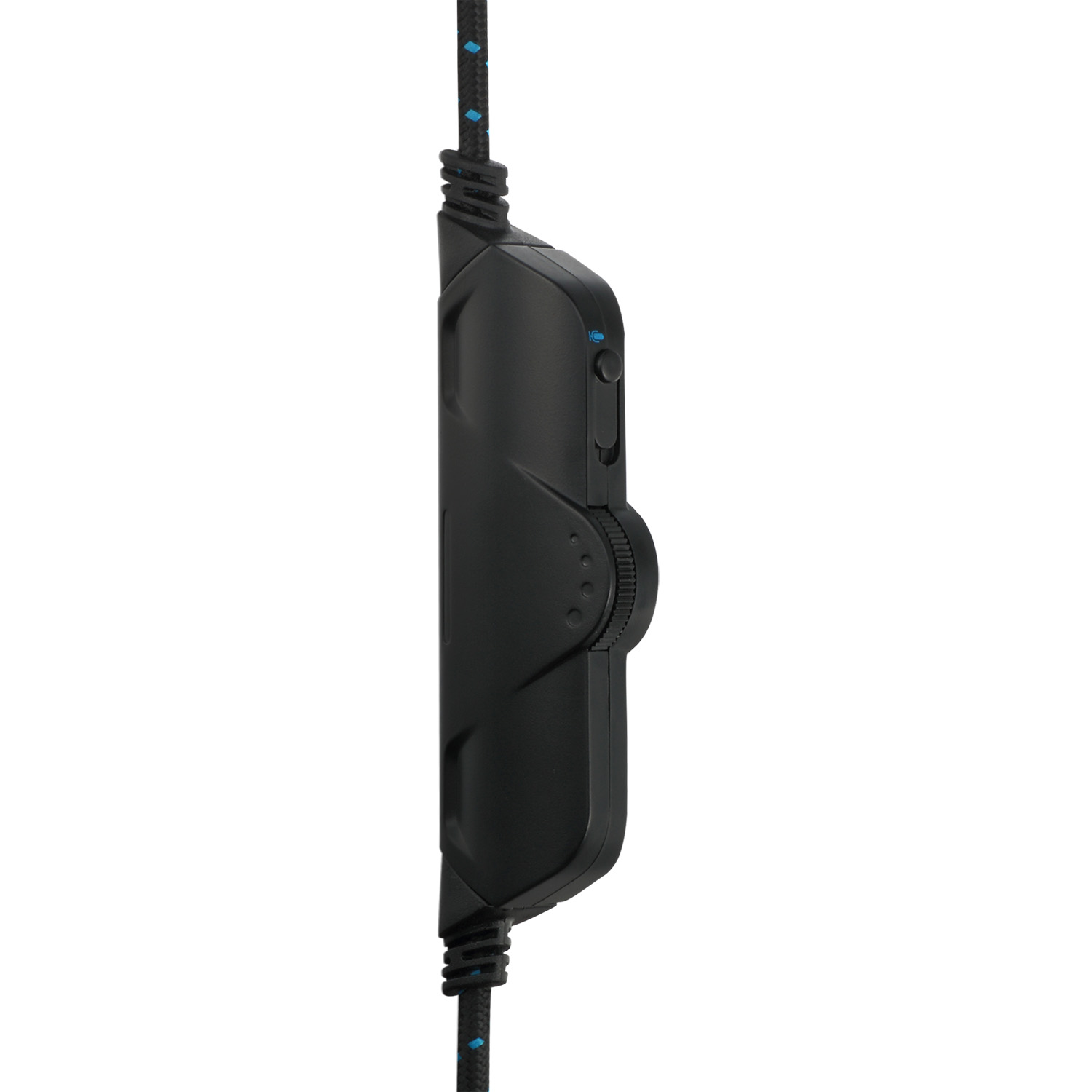 Ein schwarzer Audioregler mit Lautstärkerad und Tasten. Es ist an einem geflochtenen Kabel befestigt.