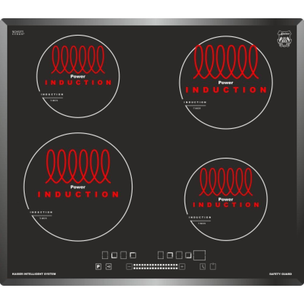 Schwarzes Induktionskochfeld mit vier roten Induktionsringen, Kaiser Intelligent System.