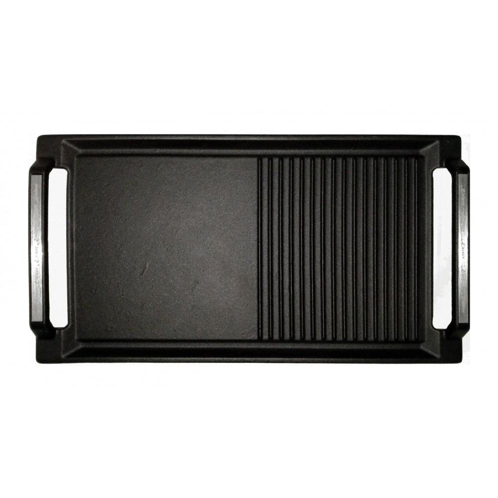 Schwarze Grillpfanne aus Gusseisen mit Griff. Sie hat eine flache und eine gerippte Kochfläche.