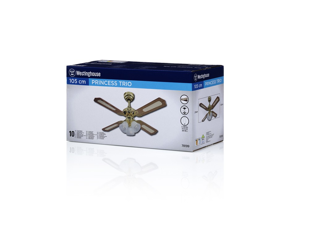 Scatola con immagine di ventilatore a soffitto. Ha quattro pale, una luce e dettagli oro e marroni.