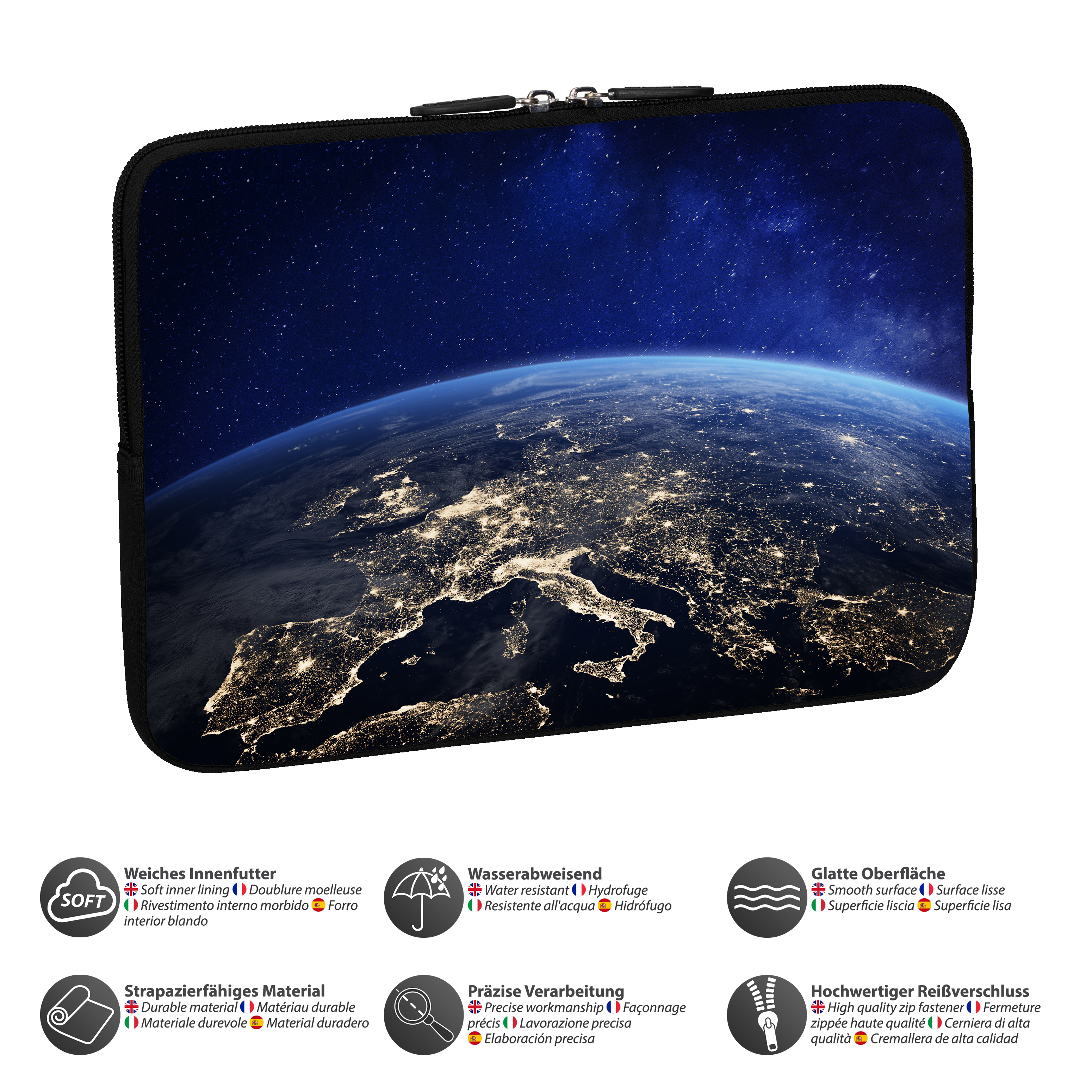 Schwarze Laptop-Hülle mit Blick auf die Erde bei Nacht aus dem Weltraum.