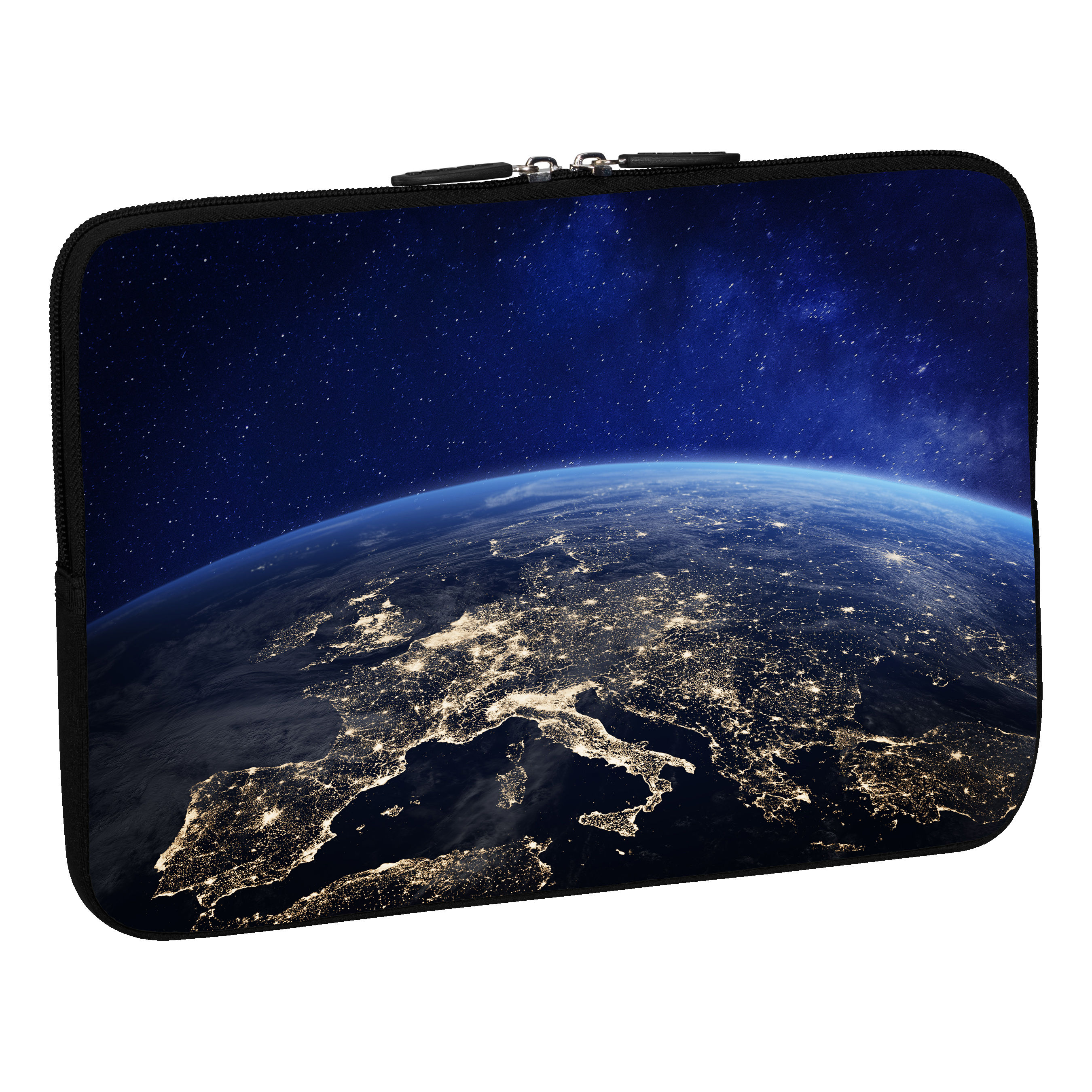 Laptoptasche mit Nachtansicht der Erde und Stadtlichtern.
