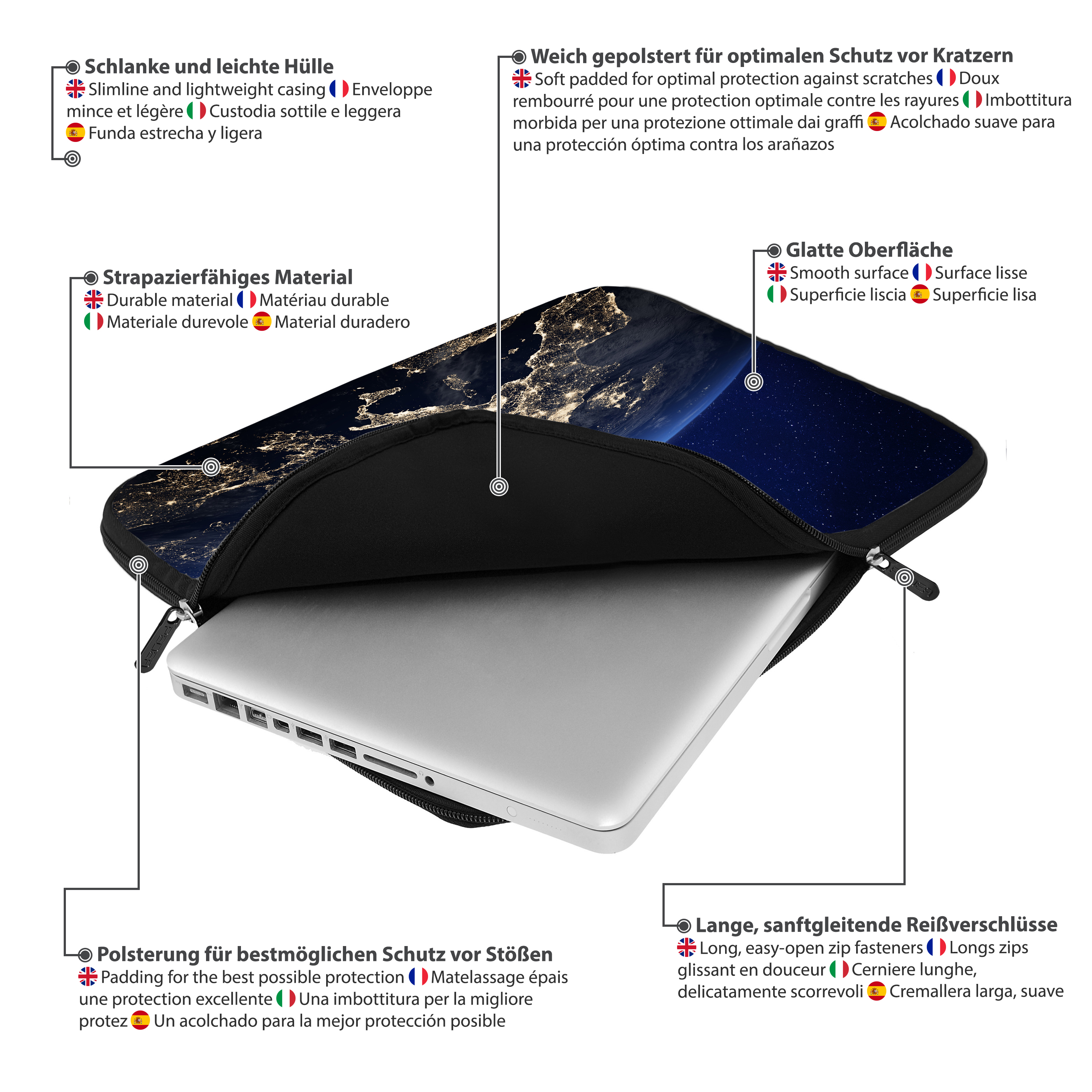 Eine schwarze Laptop-Hülle mit Text und Symbolen, ein Laptop darin.