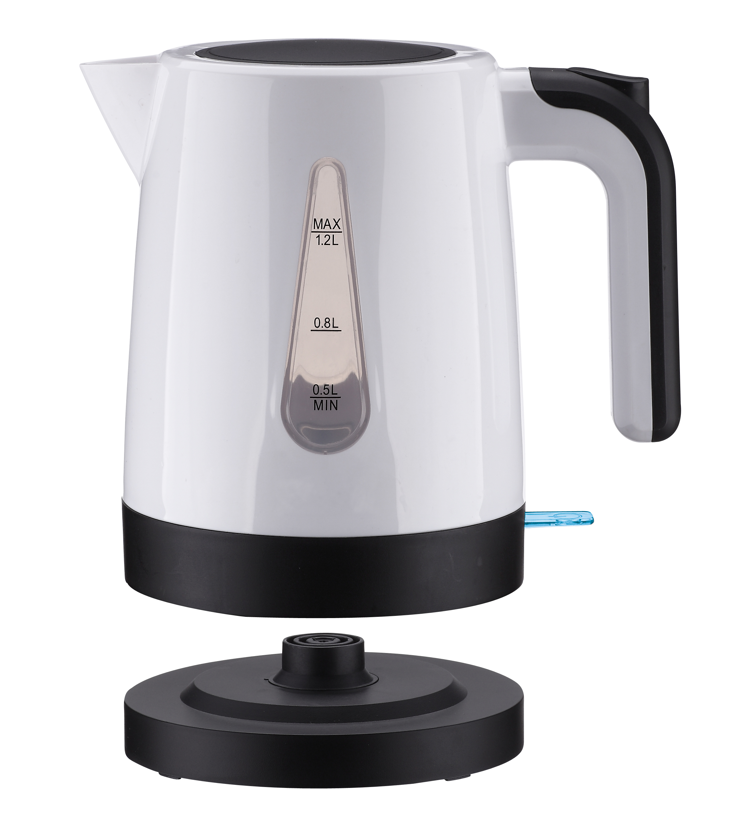 Bollitore elettrico bianco con base nera, manico e indicatore trasparente del livello dell'acqua.