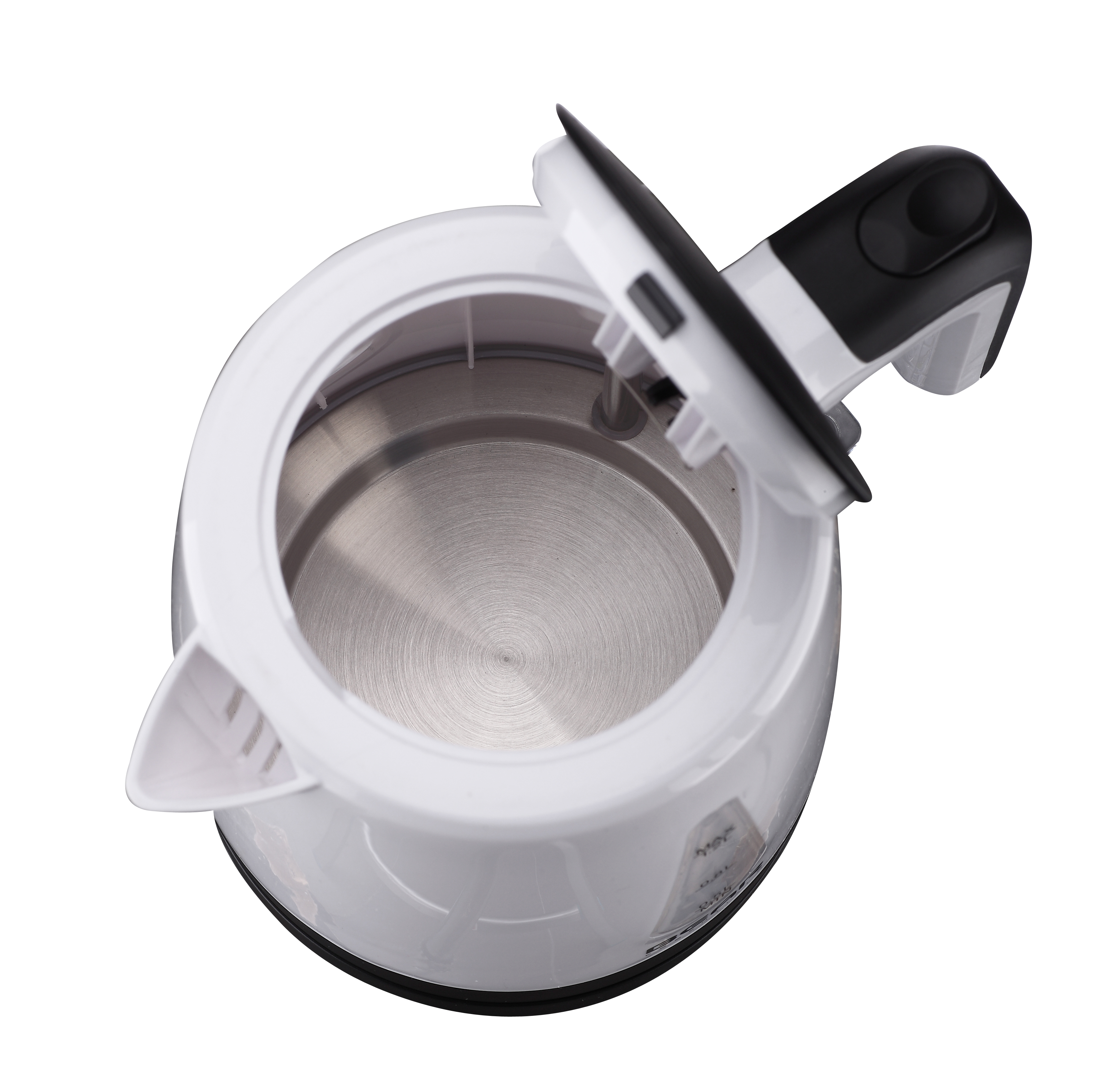 Bollitore elettrico bianco, vista dall'alto. Coperchio aperto. Interno in acciaio inox.