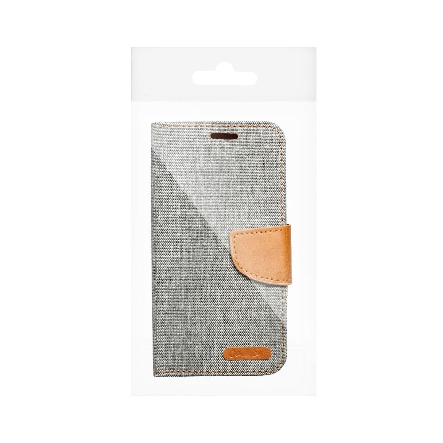 Handyhülle in Verpackung. Grau-beiges Stoffdesign. Brauner Lederverschluss.