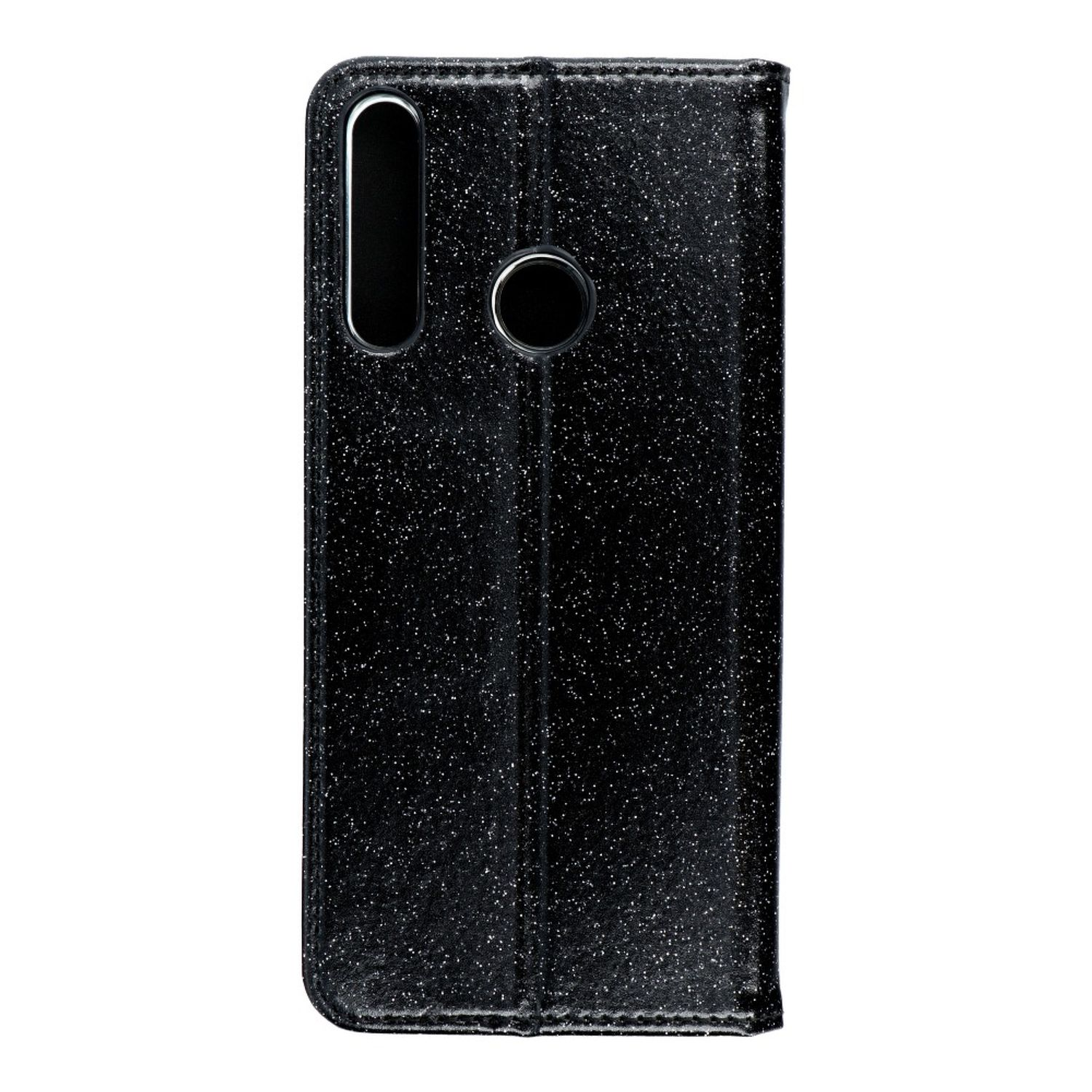 Schwarze Glitzer-Handyhülle, mit Kamera- und Fingerabdruck-Ausschnitten, glänzende Textur.