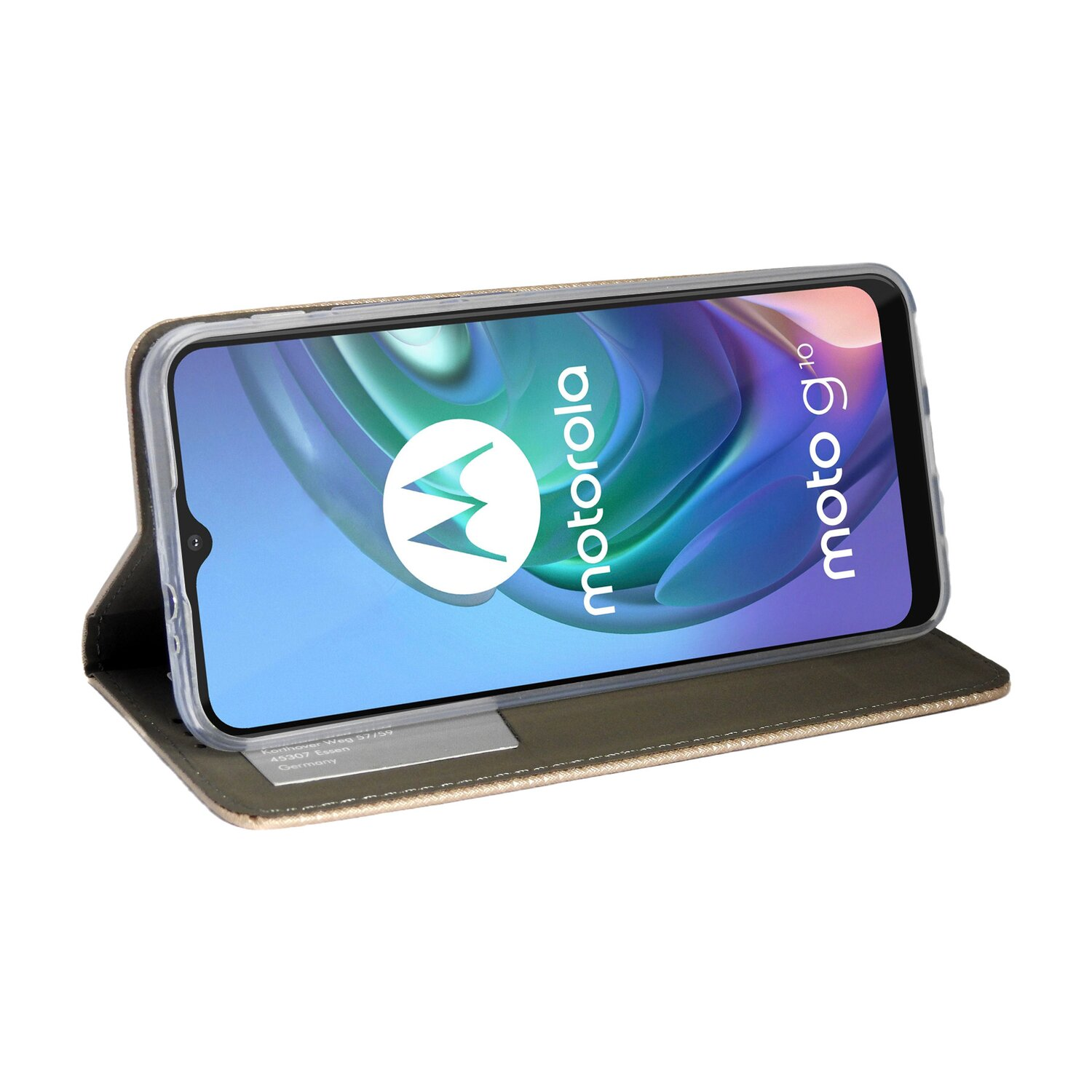 Goldene Handyhülle mit einem Motorola-Handy, dessen Bildschirm das Markenlogo anzeigt.