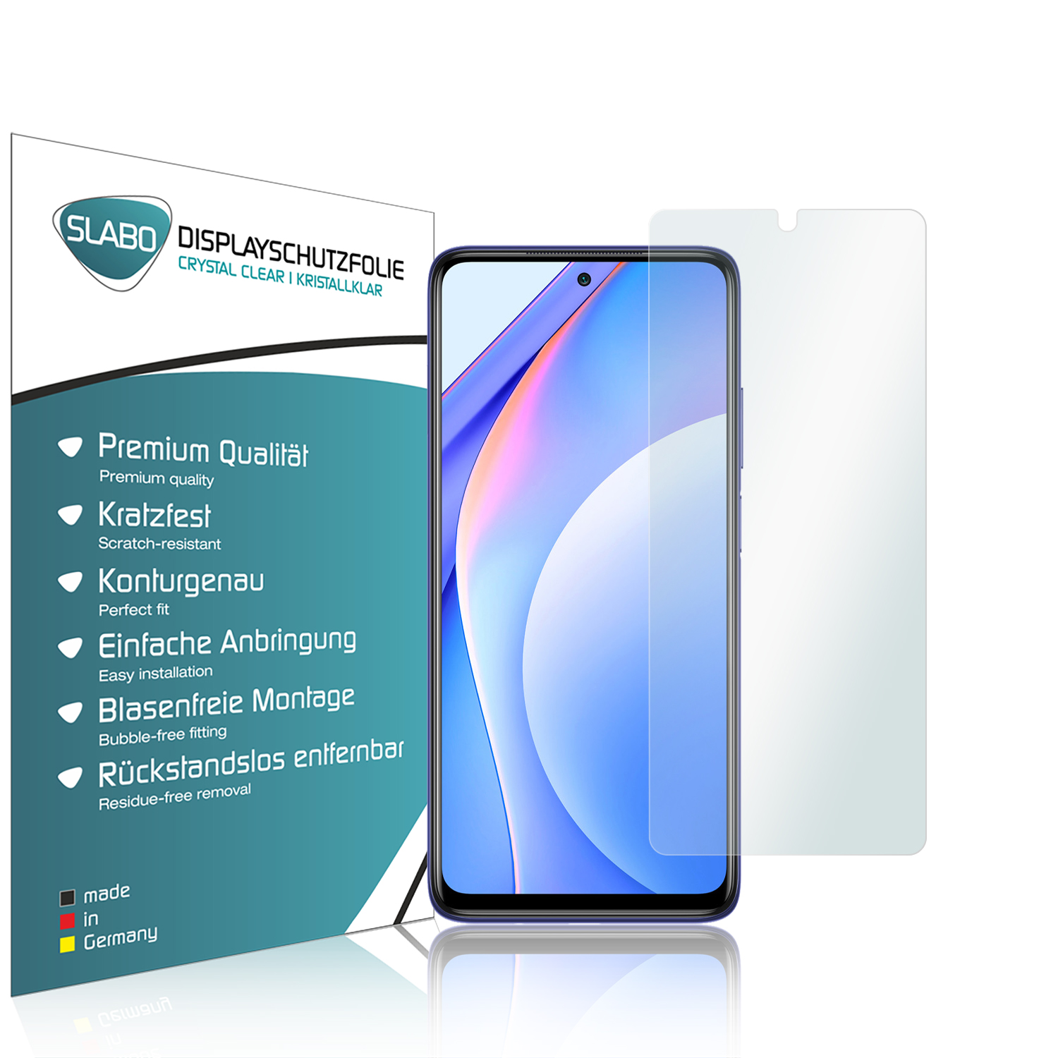 Displayschutzfolie und ein Telefon in einer Box mit Text über Qualität.