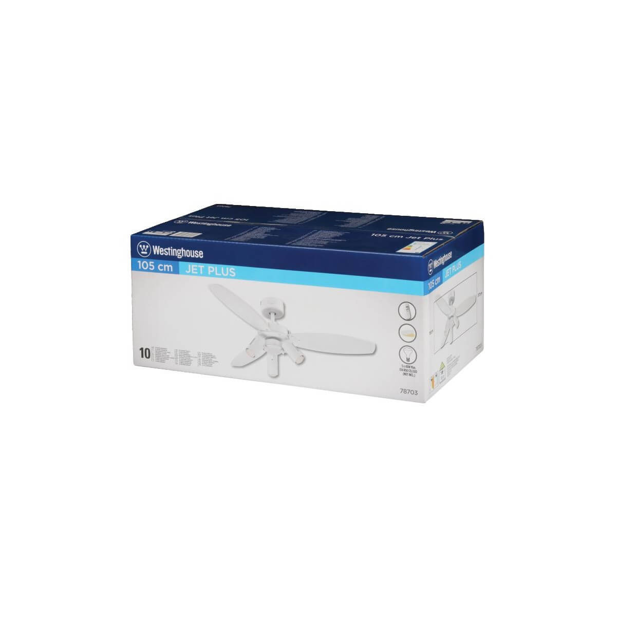 Ventilatore da soffitto bianco nella sua scatola. La scatola è blu e bianca.