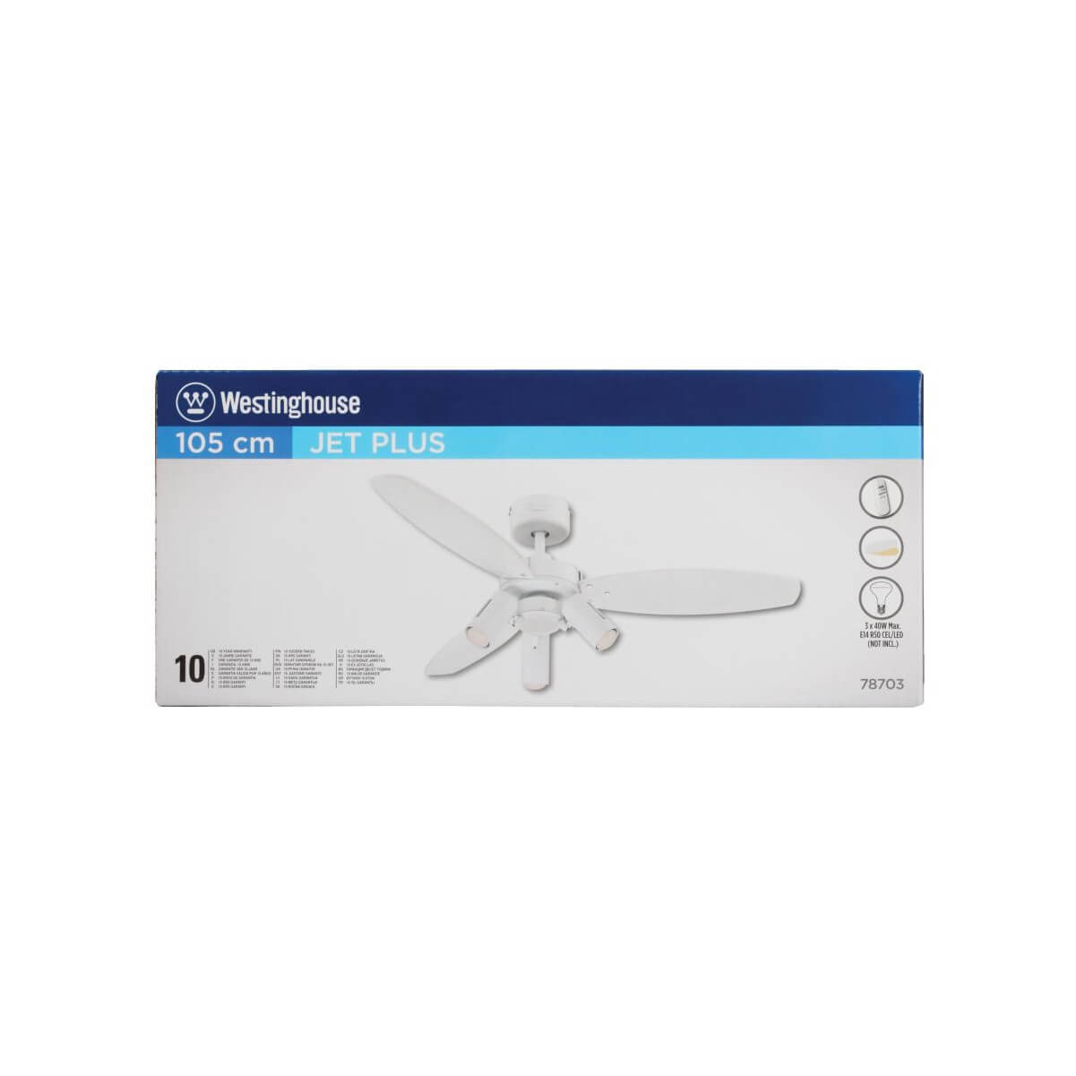 Ventilatore da soffitto in una scatola. La scatola ha uno sfondo bianco. Il ventilatore è bianco.