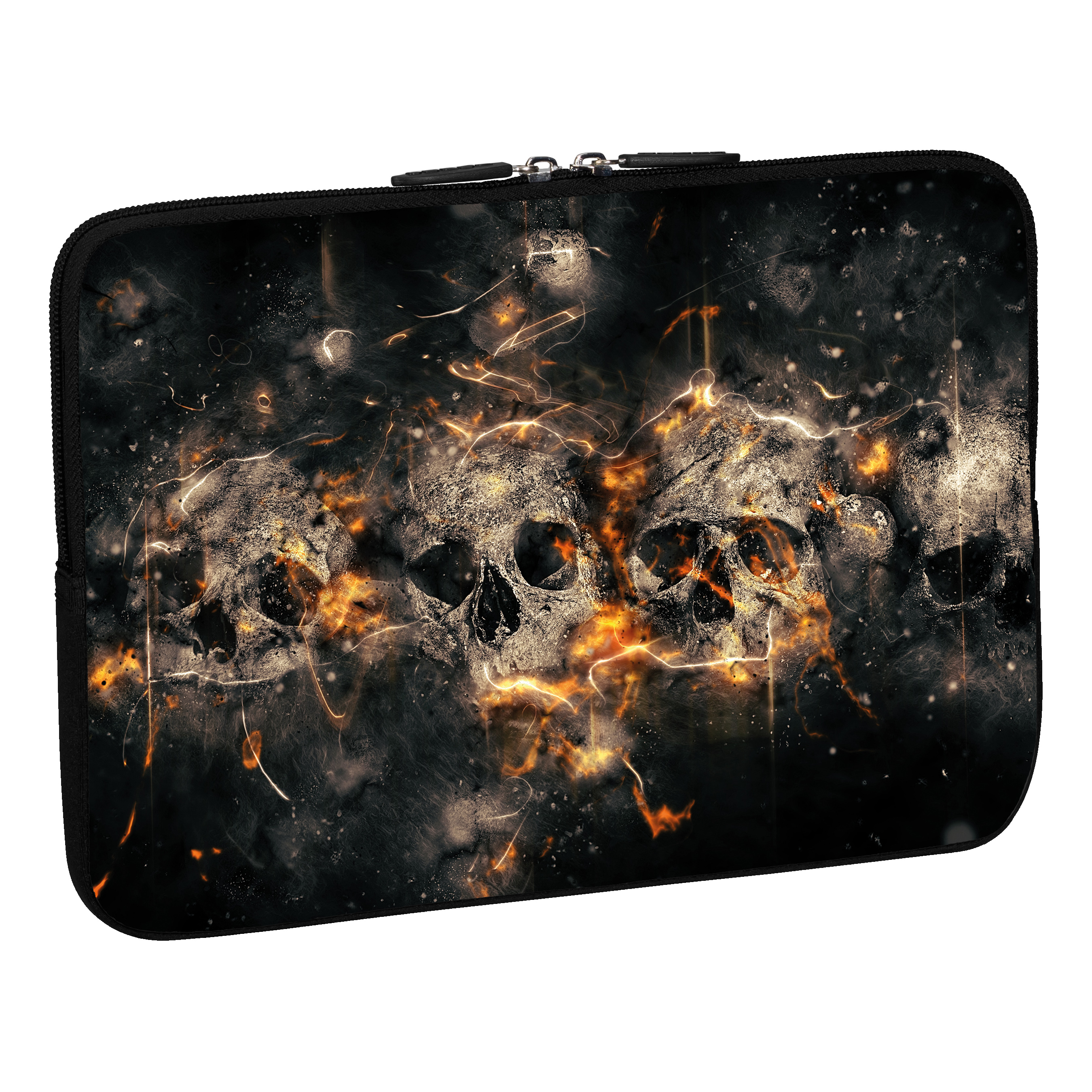 Schwarze Laptoptasche mit Totenkopf-Design, Feuereffekte. Mit Reißverschluss.