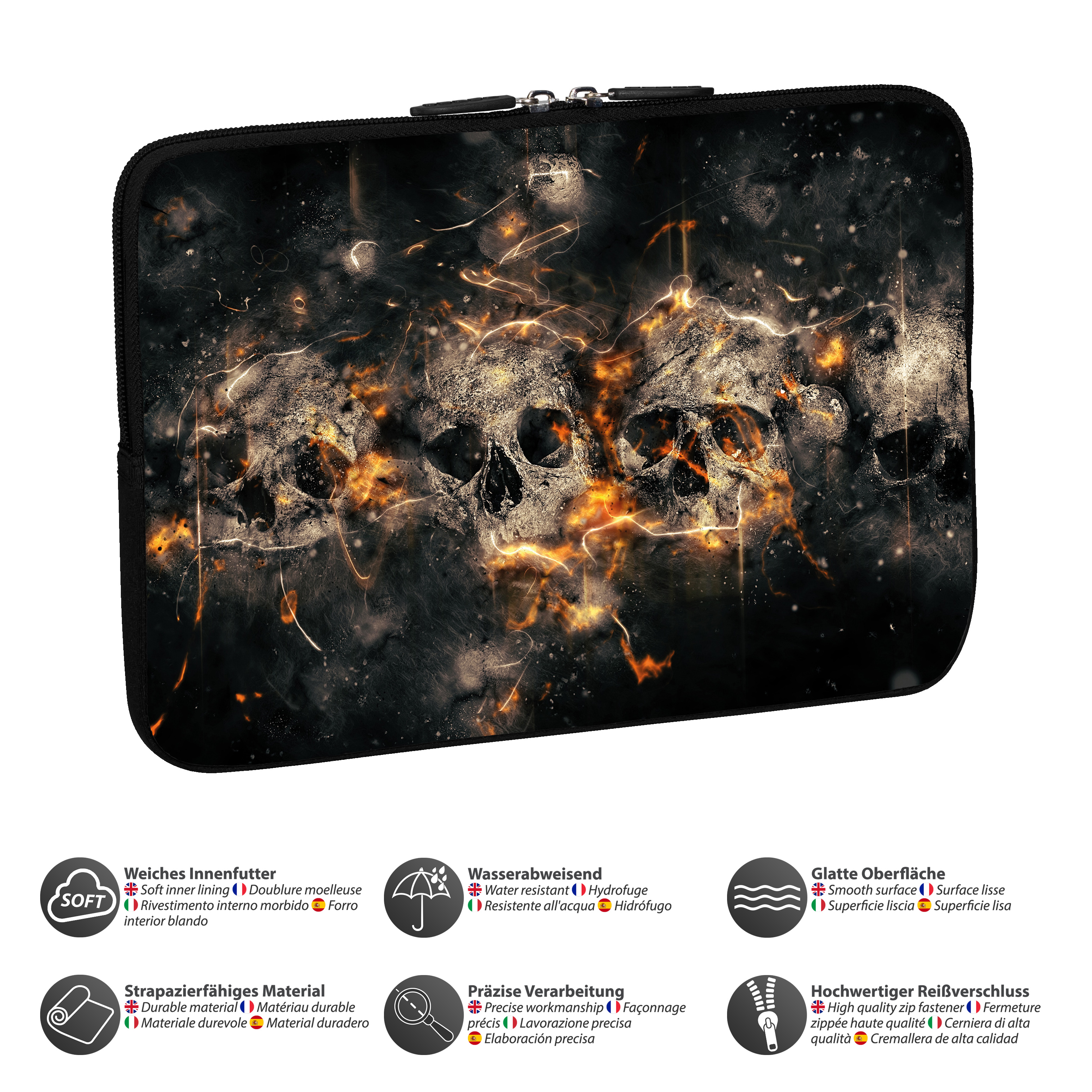 Schwarze Laptoptasche mit Totenköpfen und Flammen bedruckt, und Produktsymbole unten.