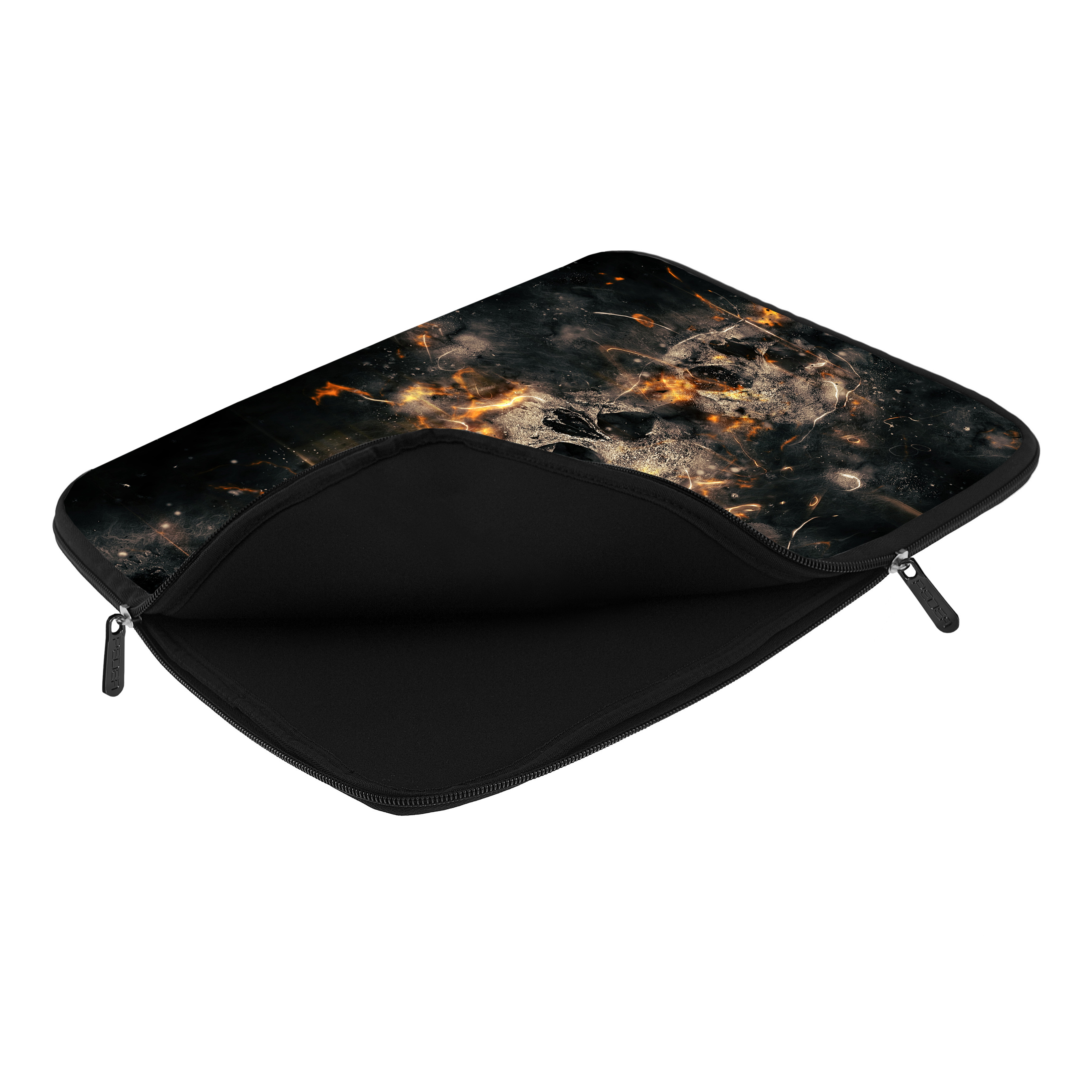 Schwarze Laptop-Hülle. Schädel- und Feuerdesign. Reißverschluss.