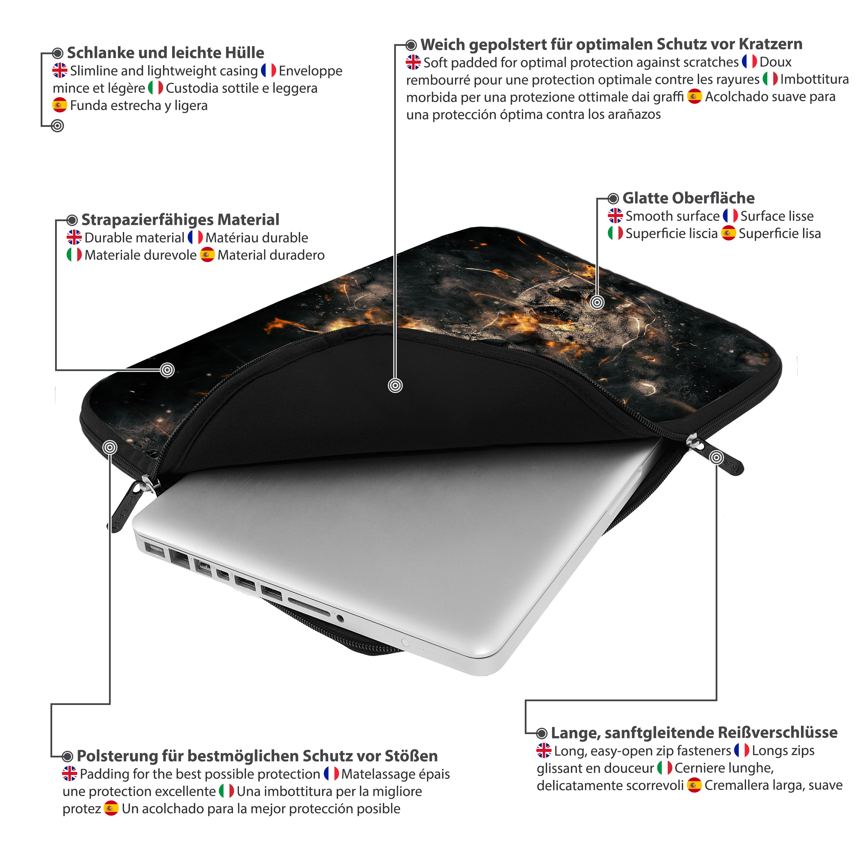 Laptop-Hülle mit Galaxy-Design. Die Hülle enthält Text in mehreren Sprachen.