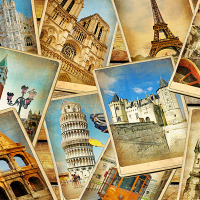 Raccolta di immagini di cartoline di monumenti del mondo come la Torre Eiffel, la Torre di Pisa.