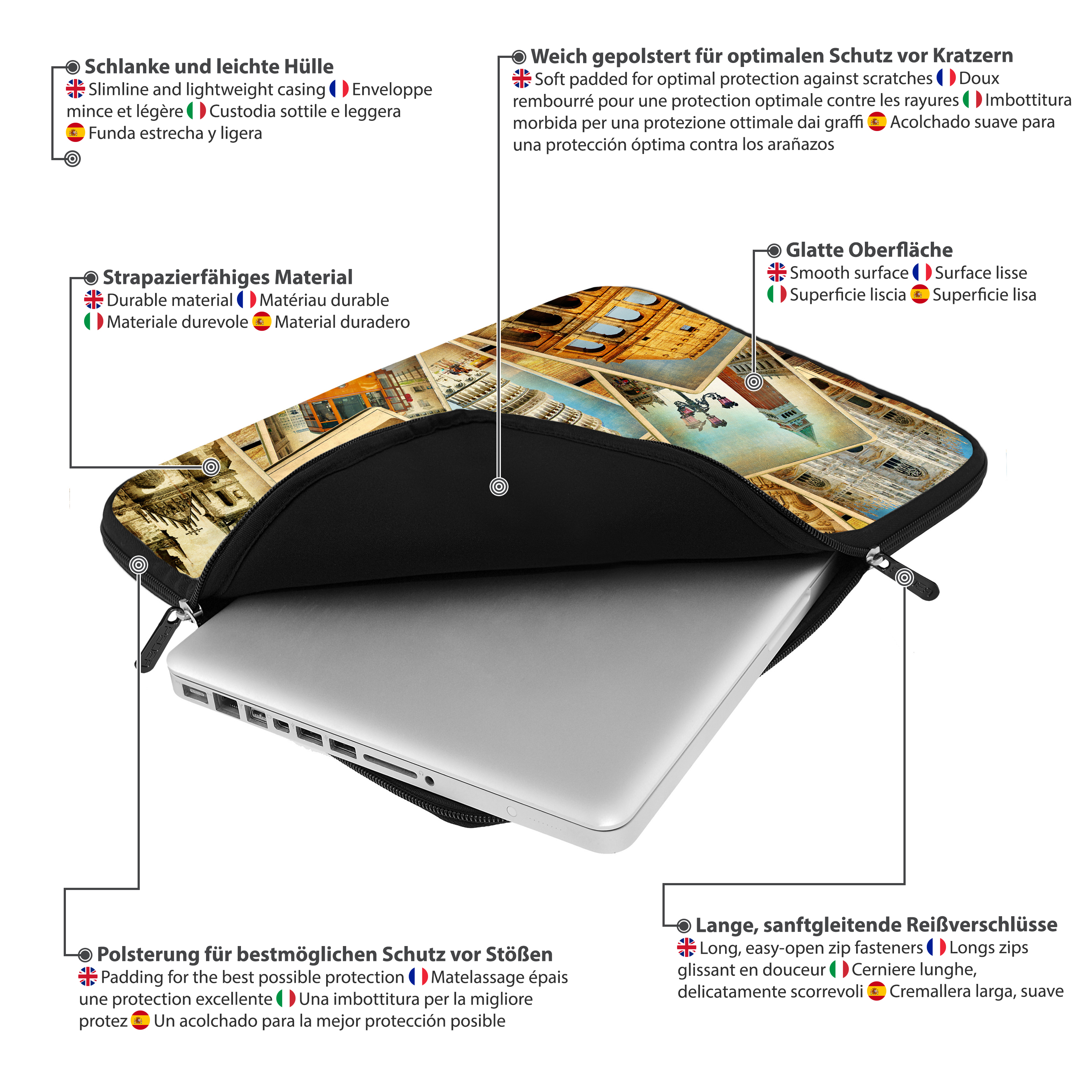 Custodia nera per laptop con immagini. Ha una cerniera ed è aperta. Testo sulla custodia.