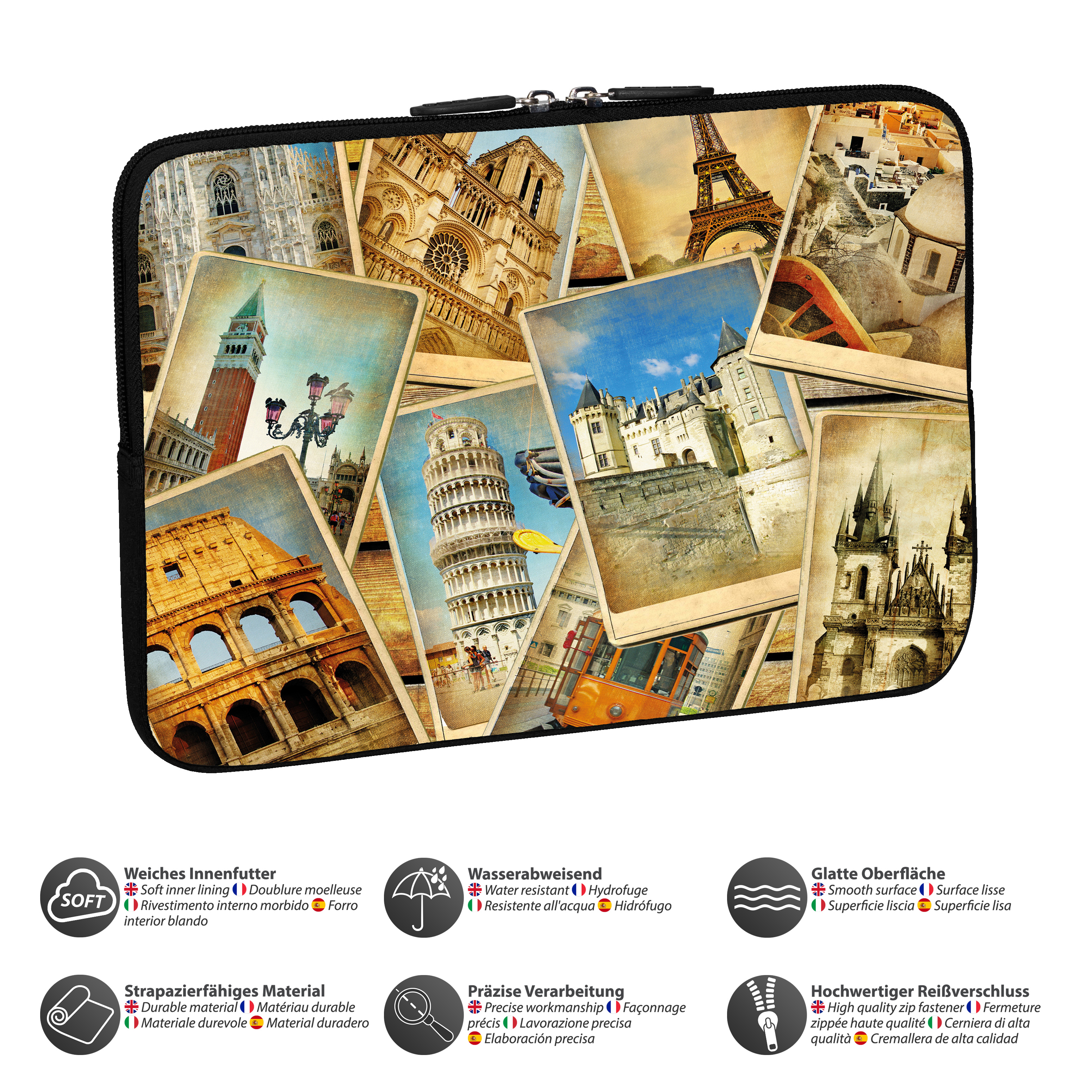 Custodia per laptop con foto di viaggio. Edifici iconici. Superficie liscia e morbida.