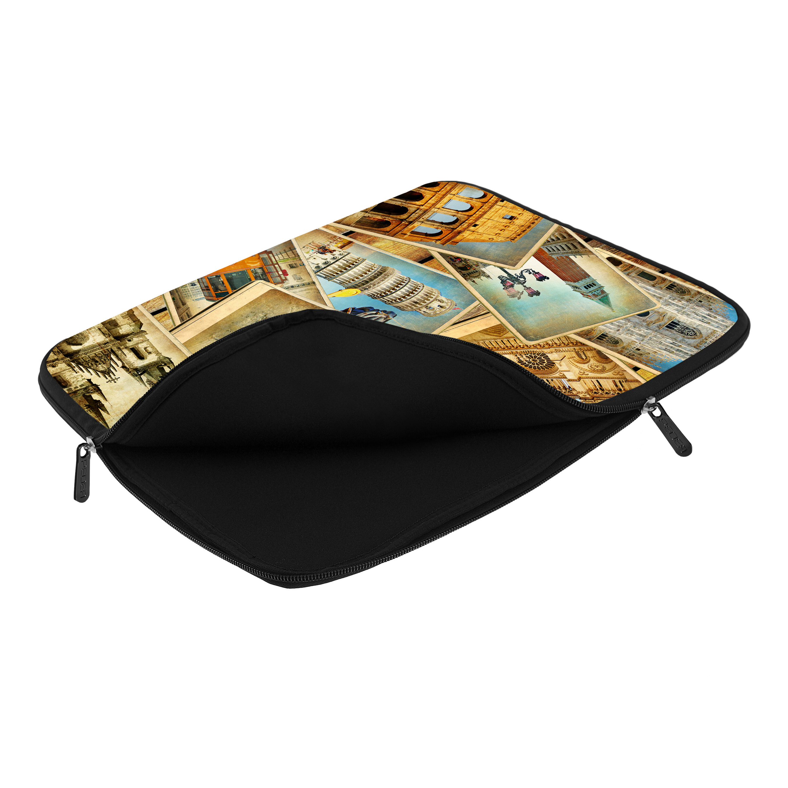 Custodia per laptop con un collage di immagini di edifici. Interno nero con cerniera.