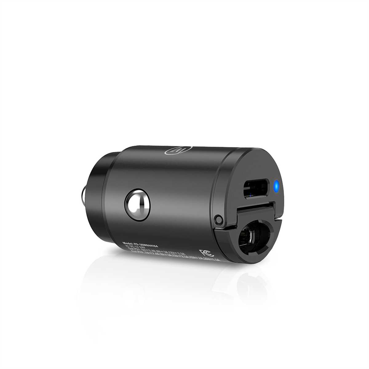 Ein schwarzes Autoladegerät mit USB-Anschluss und einer blauen Lichtanzeige auf weißem Hintergrund.