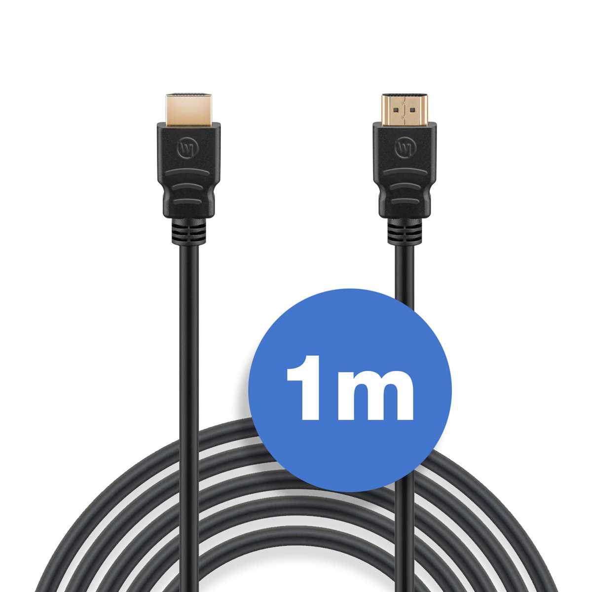 Schwarzes HDMI-Kabel mit Steckern an jedem Ende und einem blauen 1m-Kreis-Etikett in der Mitte.