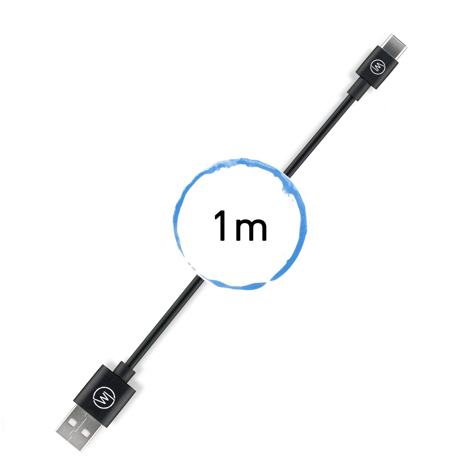 Ein schwarzes USB-C-Kabel mit einem USB-Anschluss an einem Ende und weißem Hintergrund.