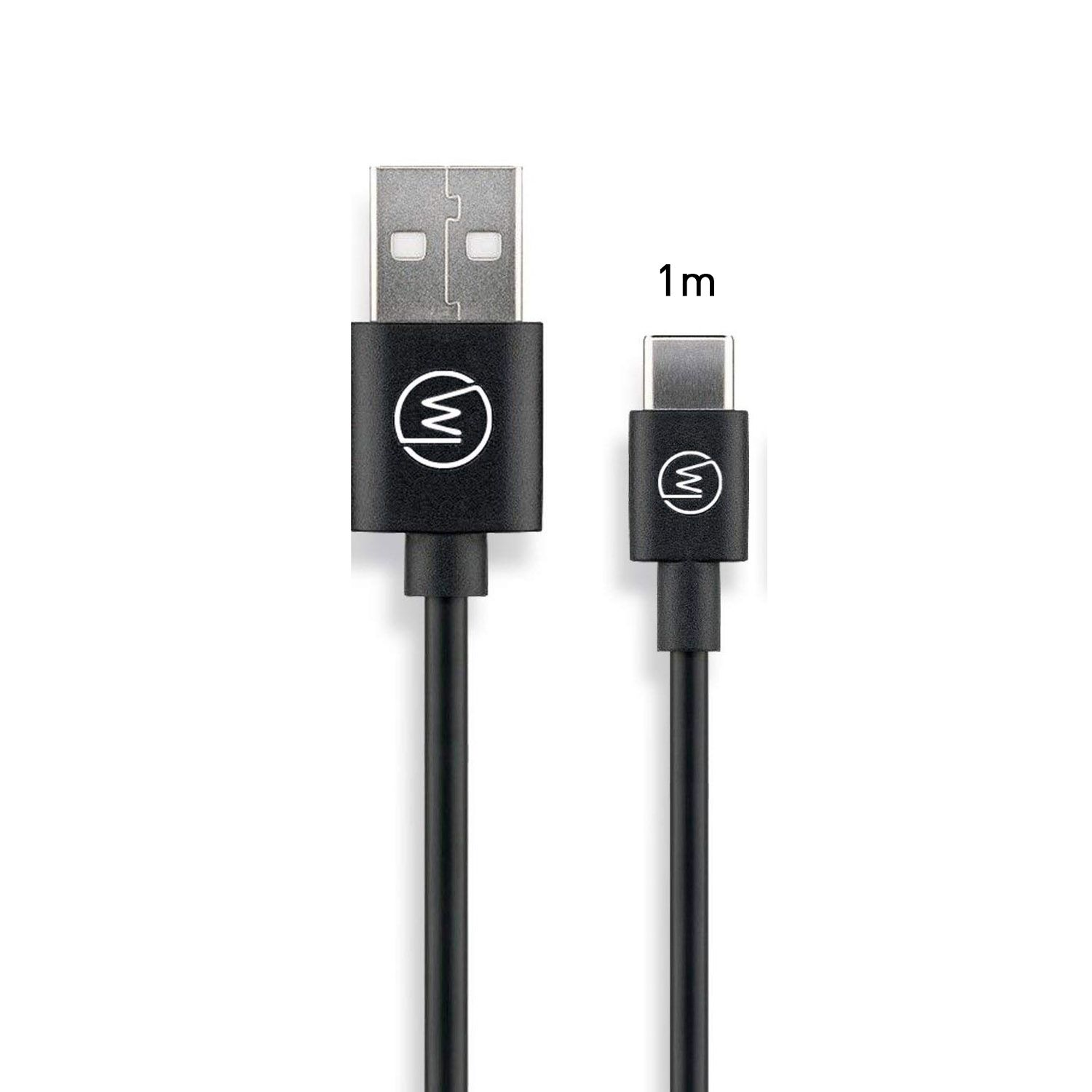 Schwarzes USB-zu-USB-C-Kabel. Ein Ende hat einen USB-Anschluss, das andere USB-C.