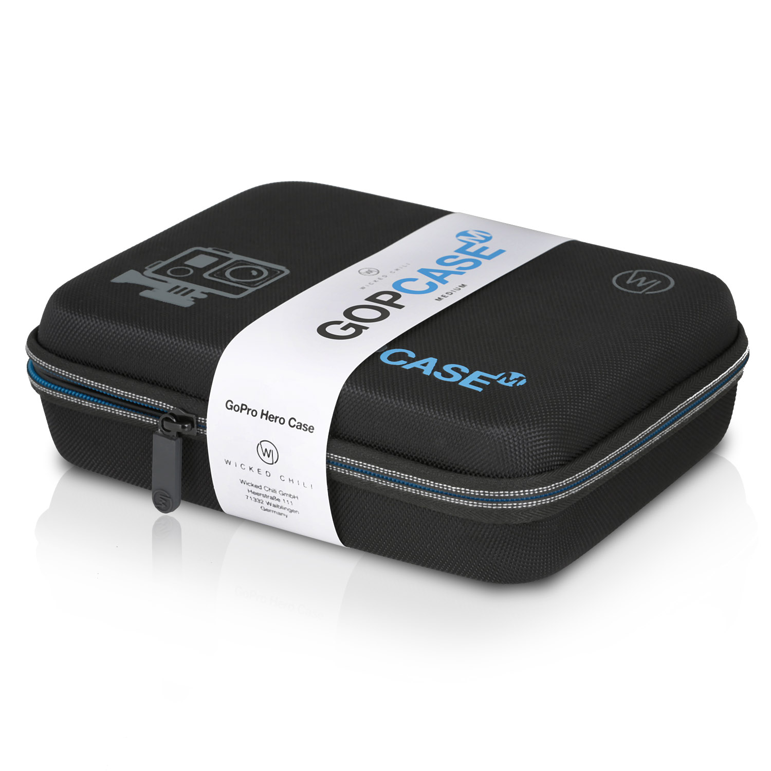 Schwarzes GoPro Hero Case mit einem weißen Band darum.