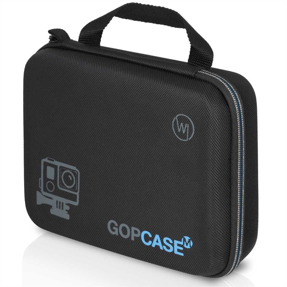 Eine schwarze GoPro-Hülle mit Griff. Die Hülle hat ein GoPro-Logo auf der Vorderseite.